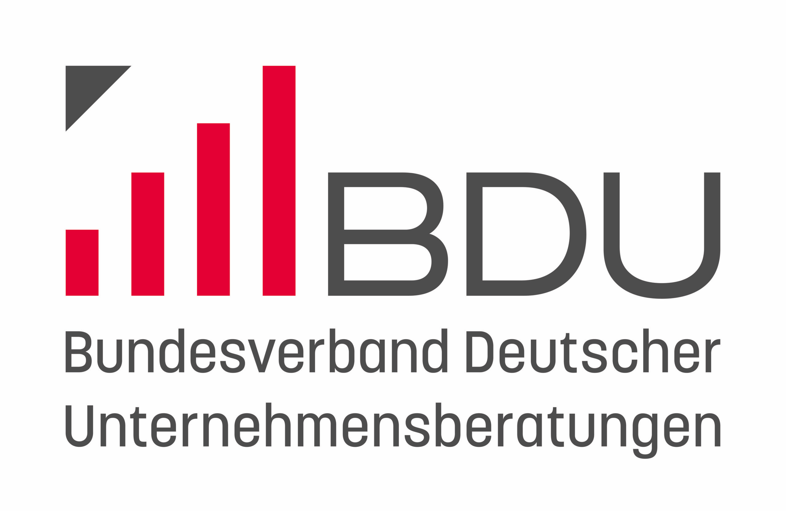 Logo des Bundesverbands Deutscher Unternehmensberatungen (BDU) mit roten Balken und schwarzen Texten.