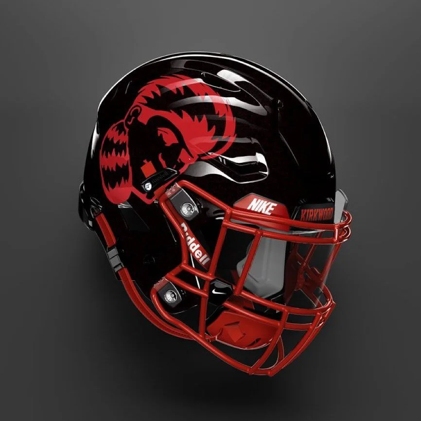 2025 Kirkwood Football Black Helmet which was featured in a hype video by Tim Godfrey in St. Louis, Missouri.