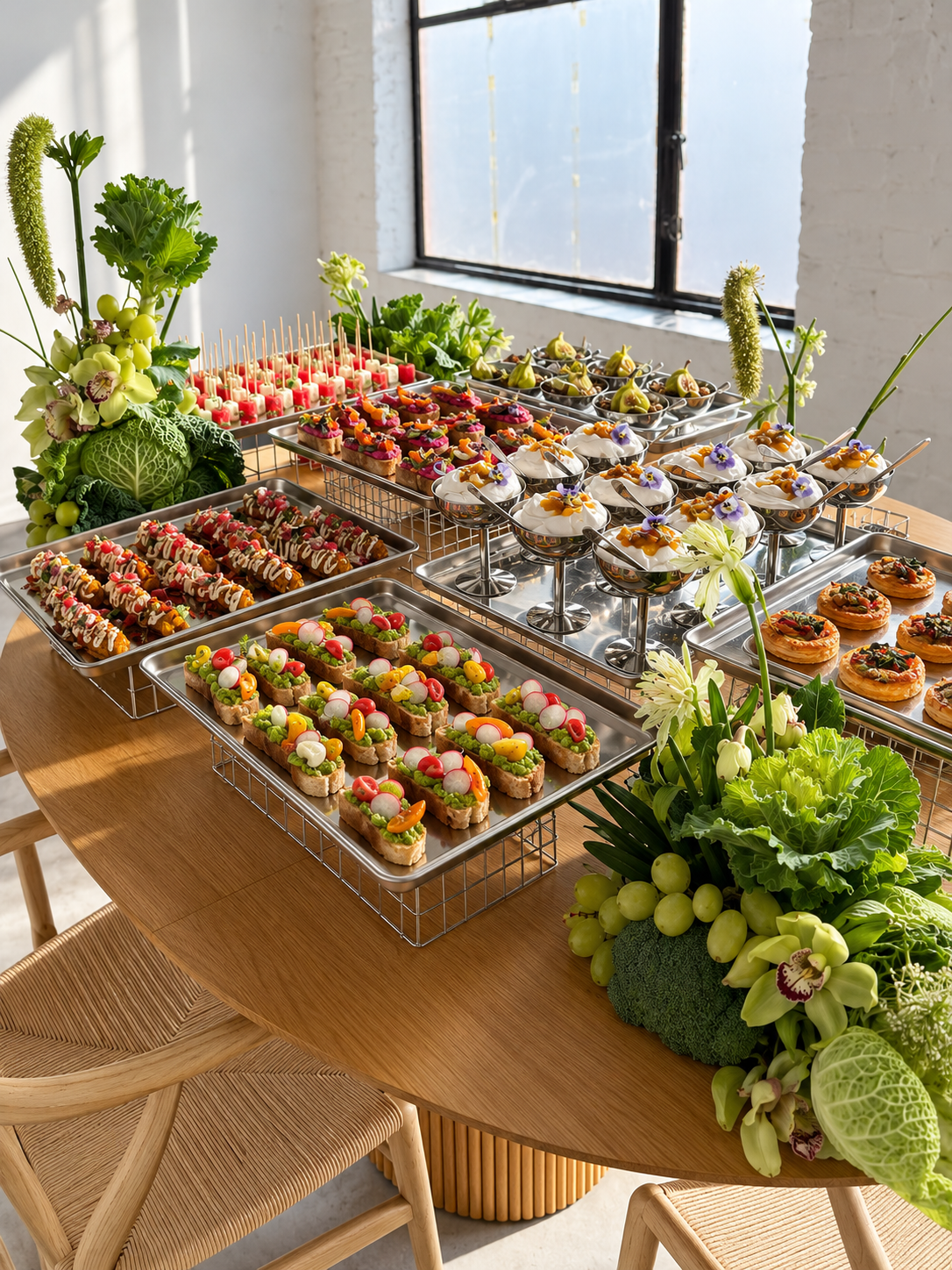 ELEGANT CANAPÉS AND DESSERTS ARRANGED ON TIERED METAL TRAYS WITH FRESH FLORAL STYLING FOR A MOTHER SUPPER CATERED EVENT.