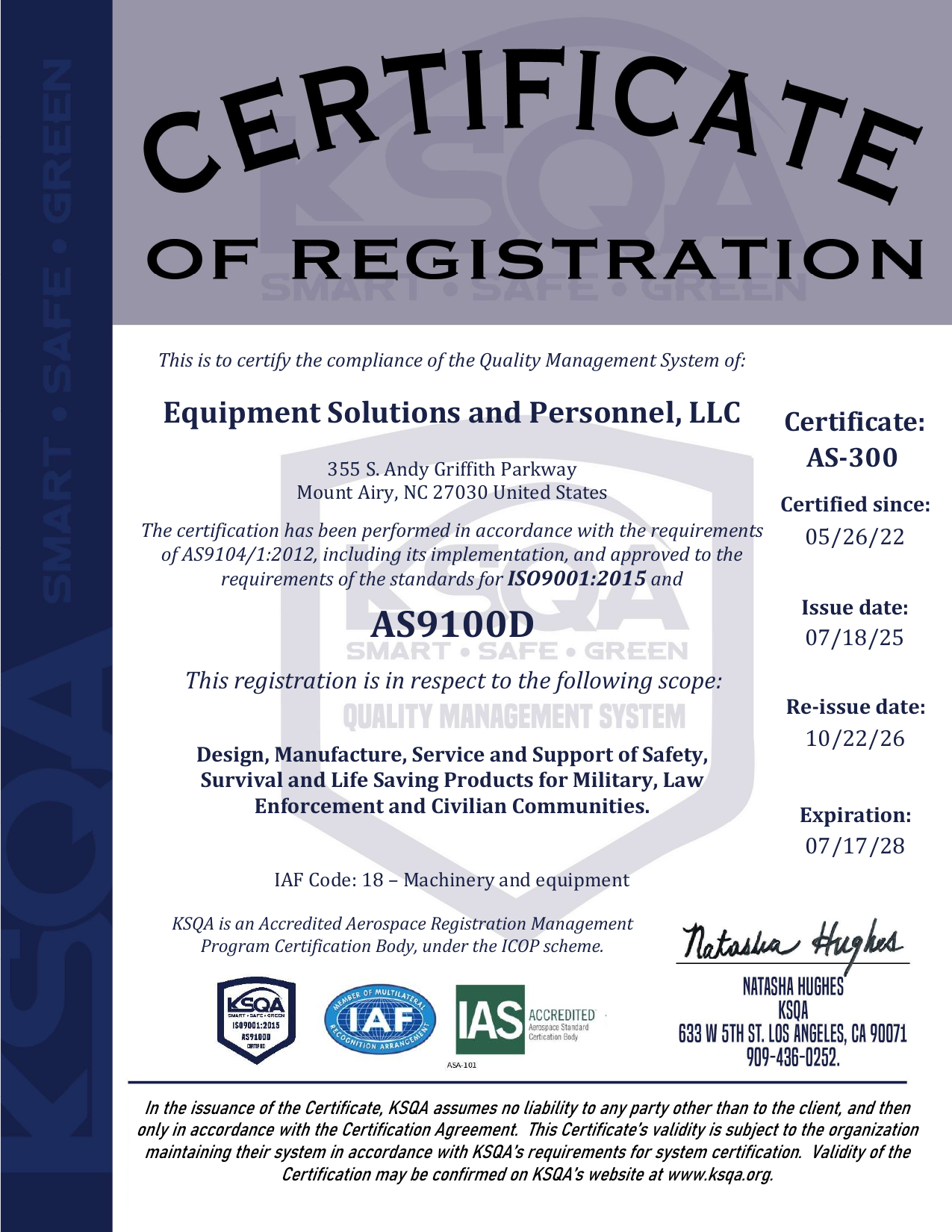 ESP LLC ISO 9001:2015 and AS9100D Certificate AS-300 (KSQA), re-issued 22 Oct 2026