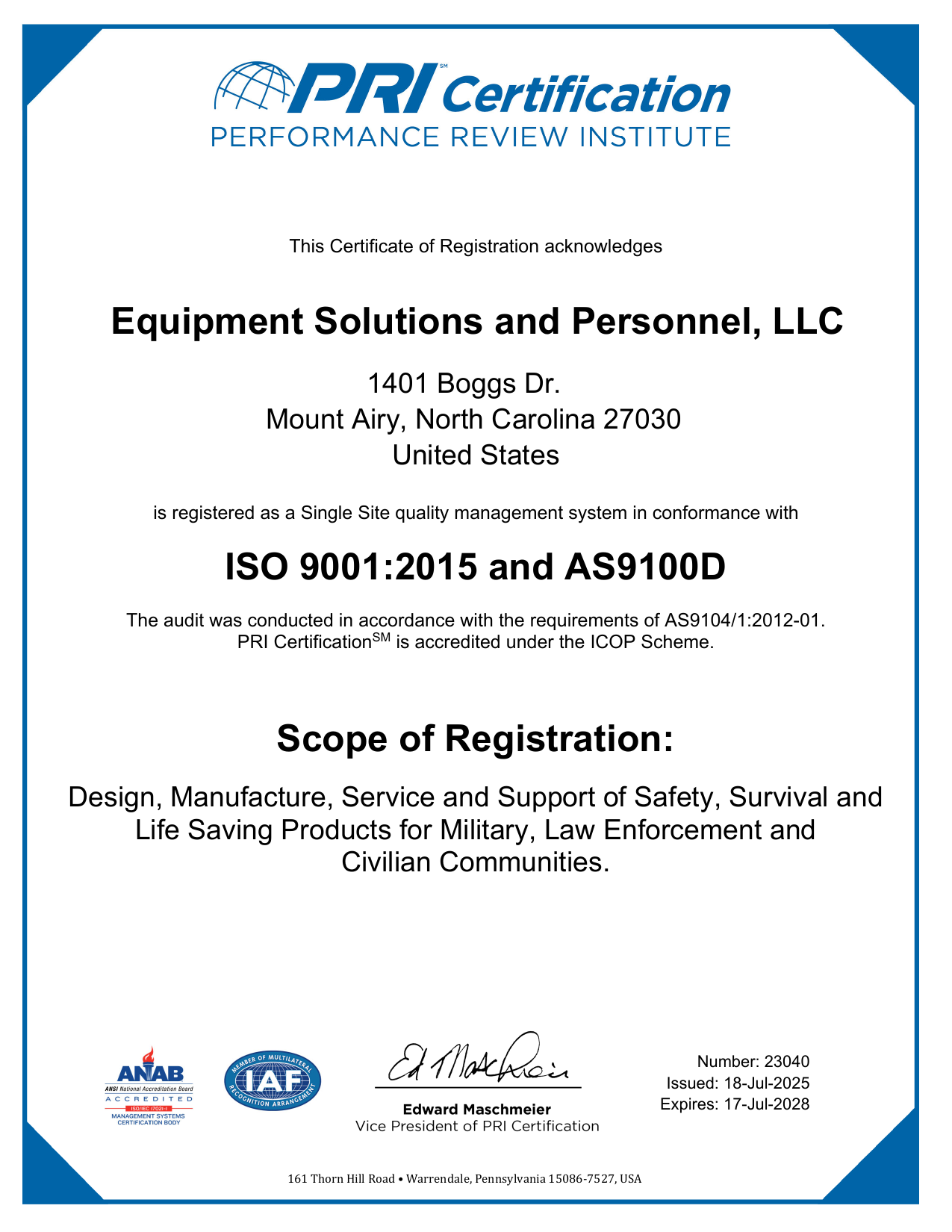 ESP LLC ISO 9001:2015 and AS9100D Certificate of Registration #23040, issued 18 Jul 2025