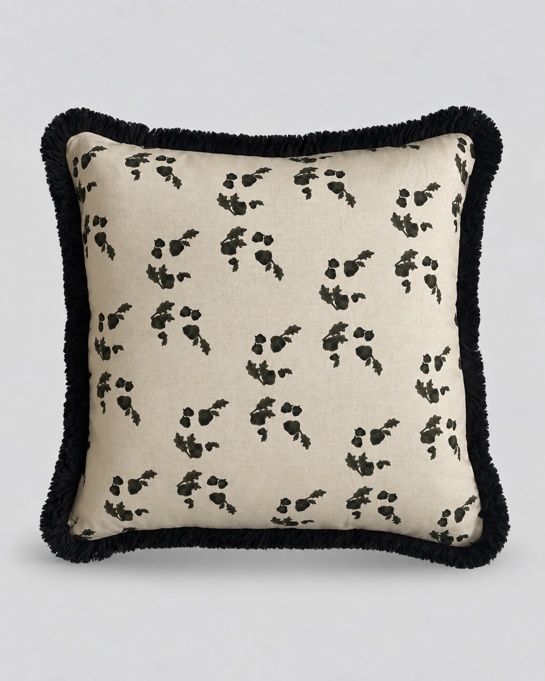 Oak Leaf Cushion, Brown Leaf Pattern Natural Linen, Contrast Dark Brown Trim - Exclusive