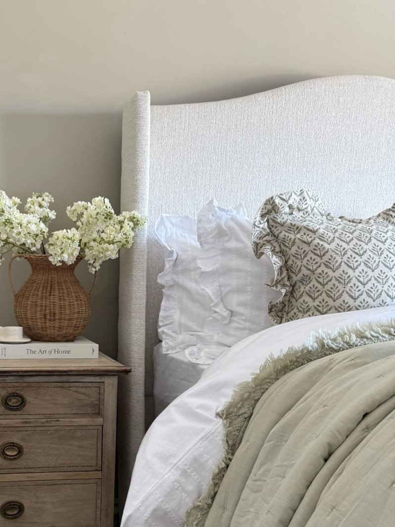 Burford Green Block Printed Linen Cushion with Ruffle Trim