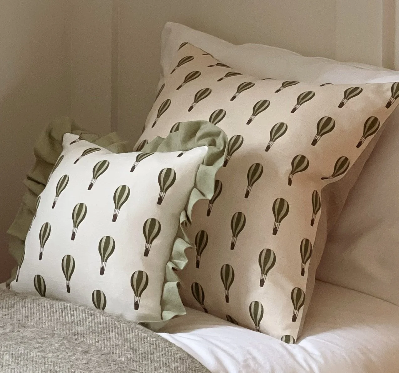 Exclusive hot air balloon print linen cushion 