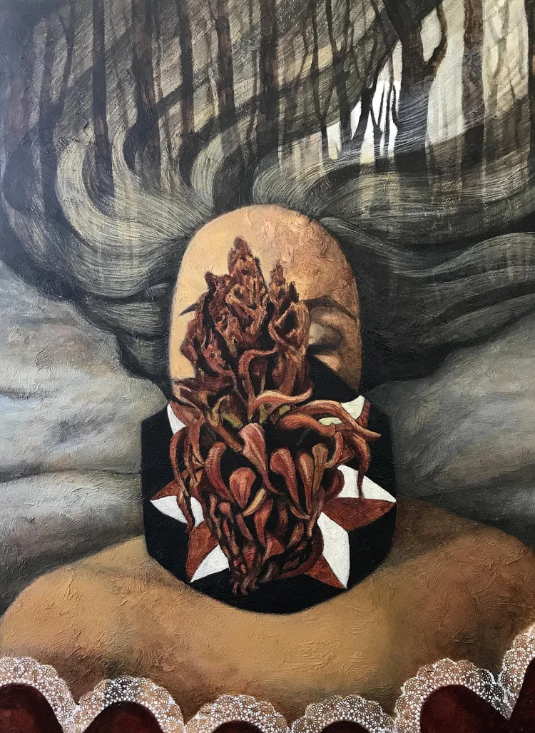 En el corazón de la pandemia, de Marlene Hernández Casillas. Acrílico sobre lienzo, 30x40 pulgadas. 2020