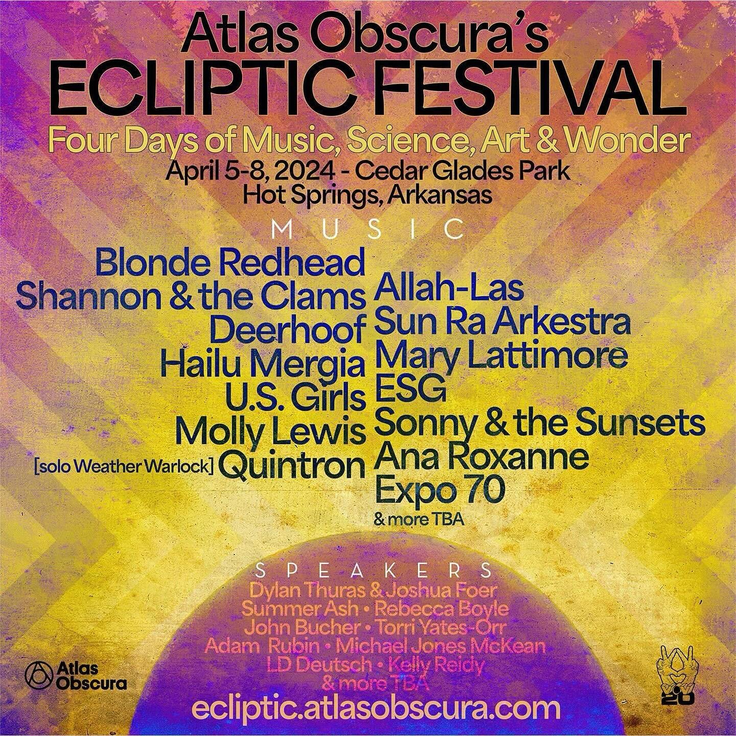 I&rsquo;m so excited to finally be able to invite you to join me for the 2024 solar eclipse at @atlasobscura&rsquo;s Ecliptic Festival April 5-8 in Hot Springs, Arkansas. The weekend will be a celebration of the 2024 total eclipse at the 20th annual 