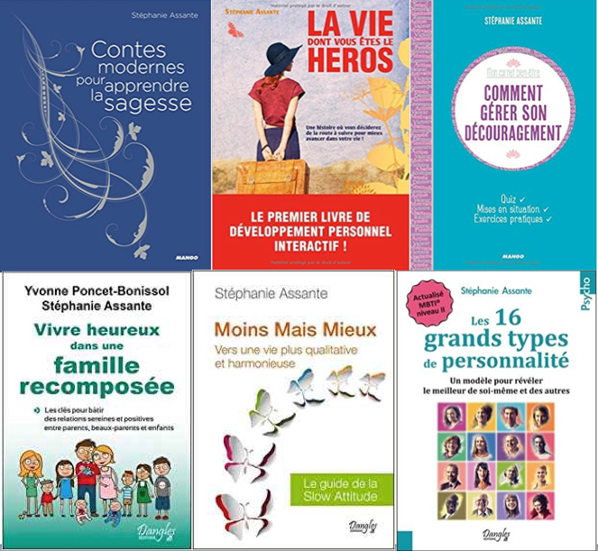 Collection de six livres en français sur le développement personnel, la sagesse, la gestion du découragement, la famille recomposée et les types de personnalité.