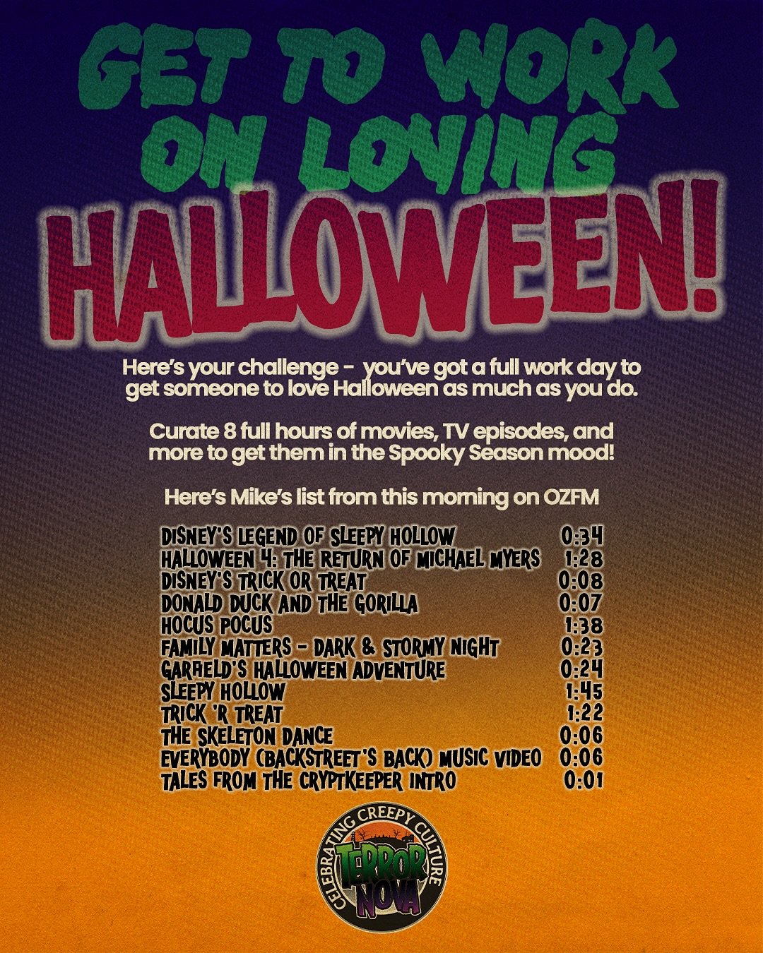 Mike stopped into OZFM this morning to chat to Hugh &amp; Shannell about how he&rsquo;d fill an 8-hour work day with Halloween movies &amp; TV shows to get someone to love the holiday as much as he does. 
Here&rsquo;s his list, what&rsquo;s on yours?