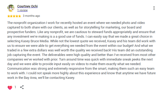 Five-star Google review from Thrive senior director Courtney Ochi praising Kasey Bruce Media event photo and video coverage