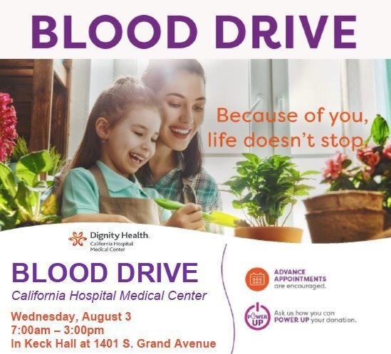 @dignityhealthsocal is hosting a blood drive August 3, from 7AM-3PM in Keck Hall I, at 1401 S. Grand Ave. As a record number of people plan to get away this summer, eligible donors are encouraged to make an appointment to overcome a critical blood sh