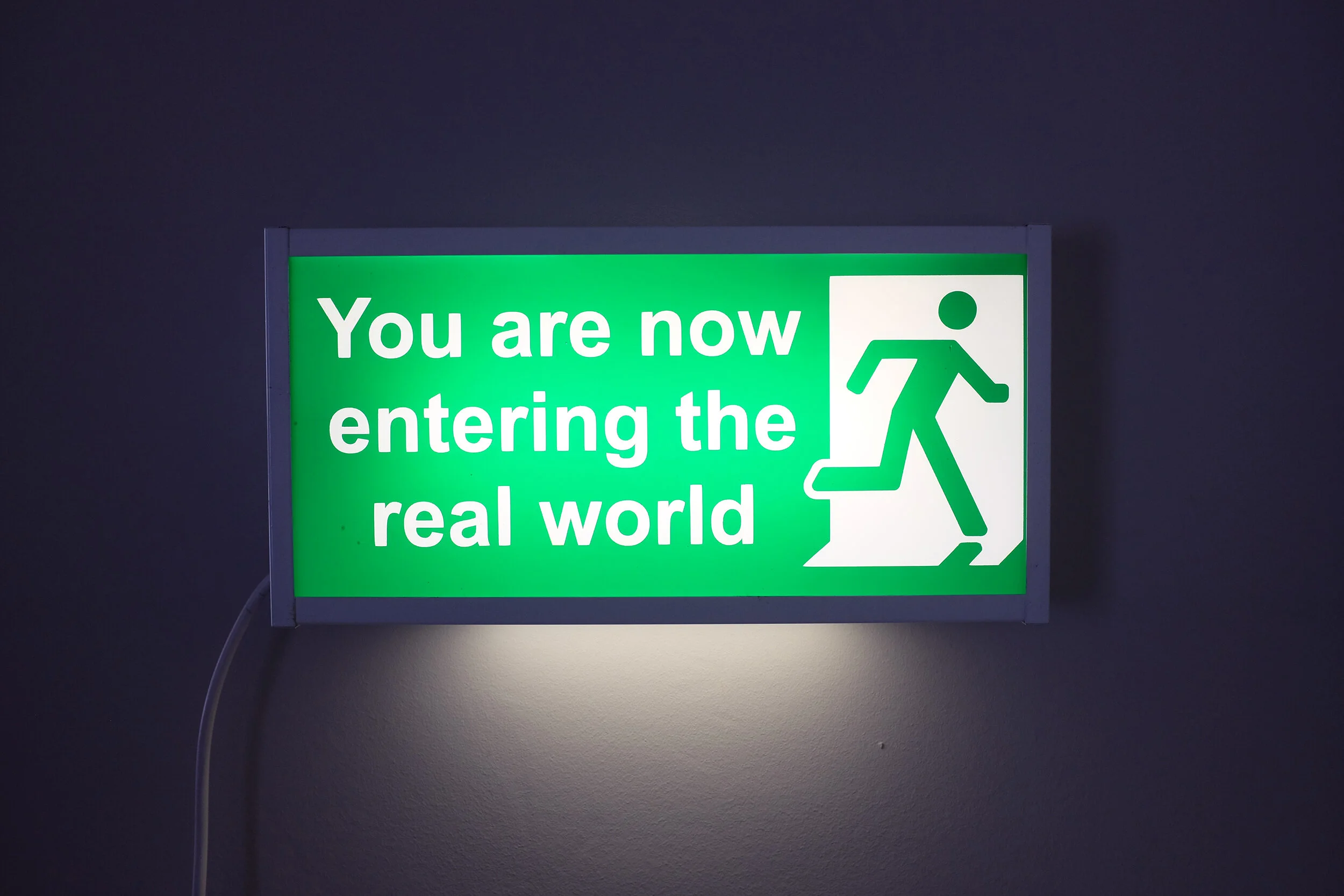 You are now entering the real world. Converted fire escape sign. Edition of 5. 2007.