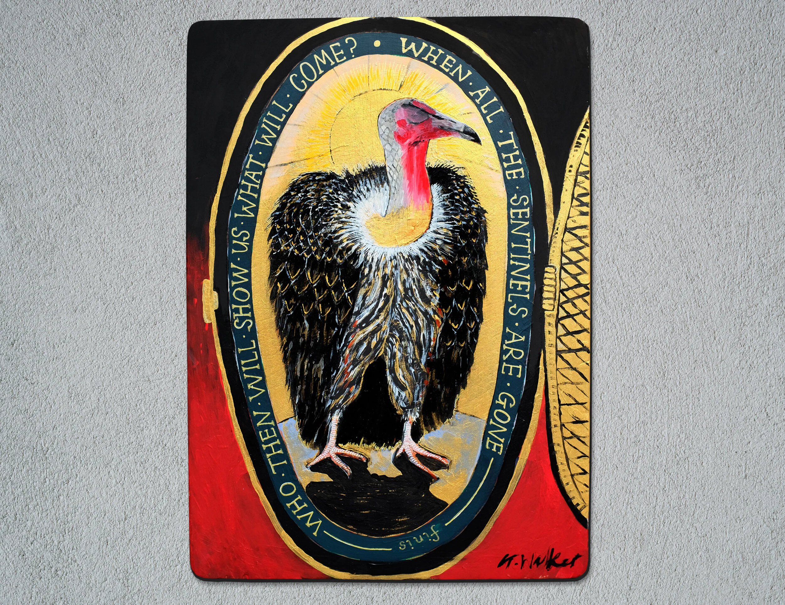 Locket. Acrylic, gold paint and markers on wooden board. 38x53cm. 2020.