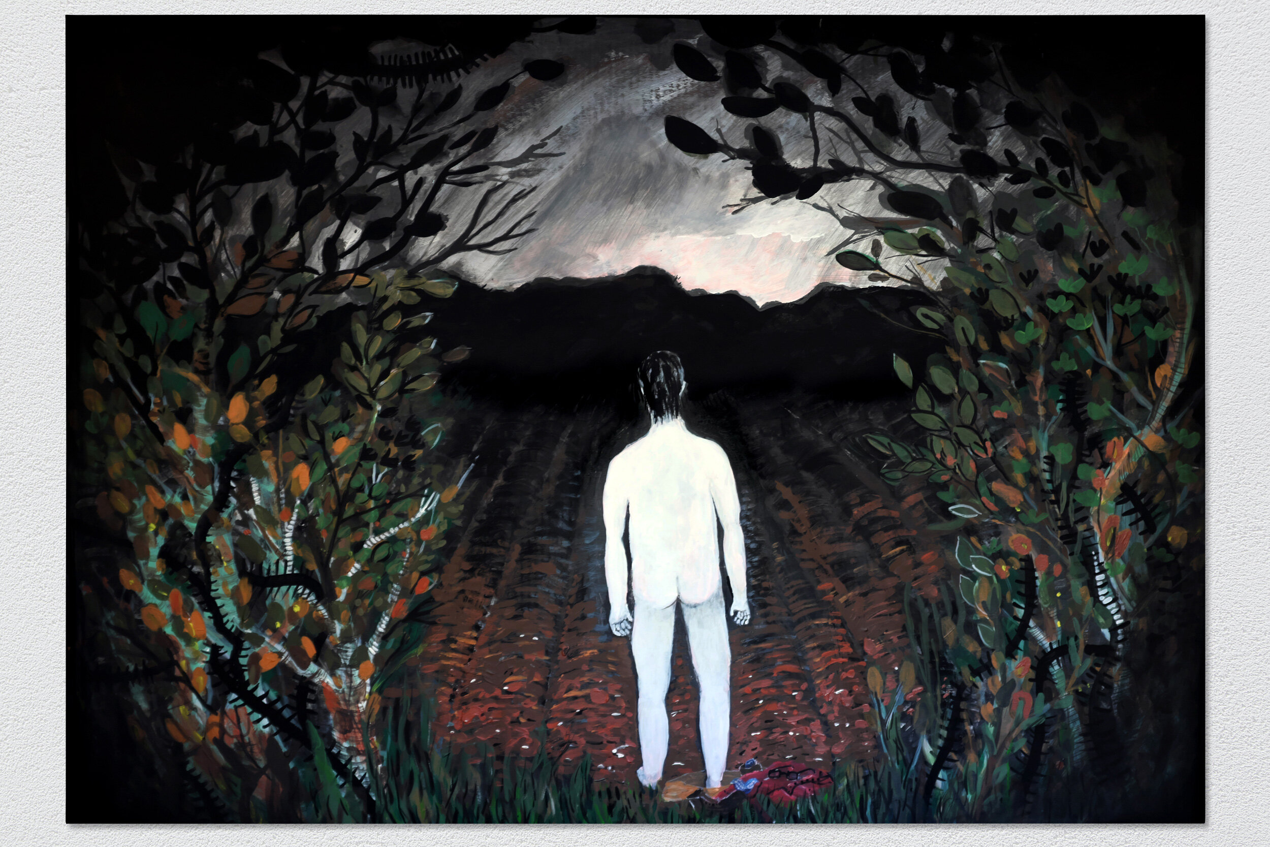 A Gap In The Hedge. Acrylic on cardboard. 113x81cm. 2020.I lived on a narrowboat on the canals in England. One day, after the sun went down, I was moored up in the middle of nowhere and no one was around. It was a warm summer night, so I went throug…