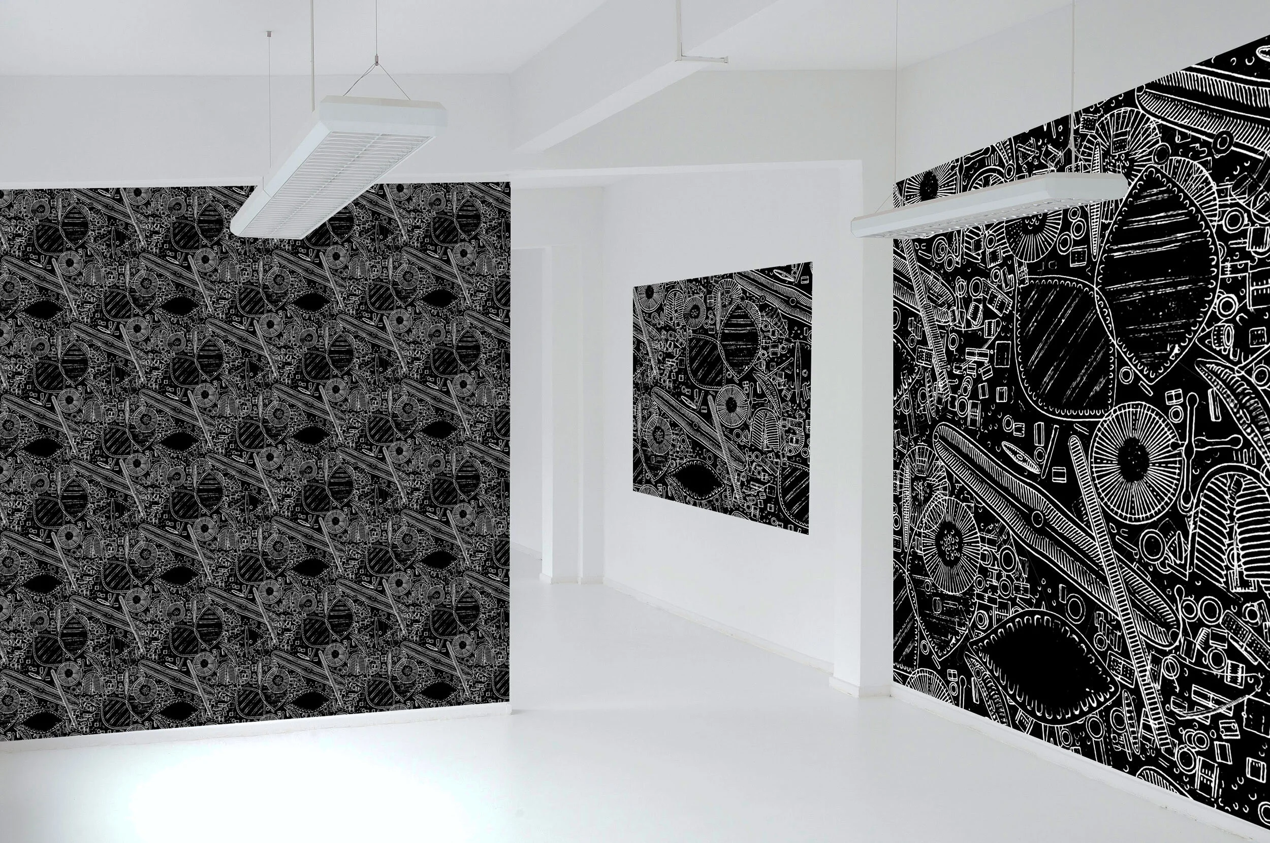 Untitled sketch (Diatom microscopy). Repeat pattern / wall covering mockup. 2021.