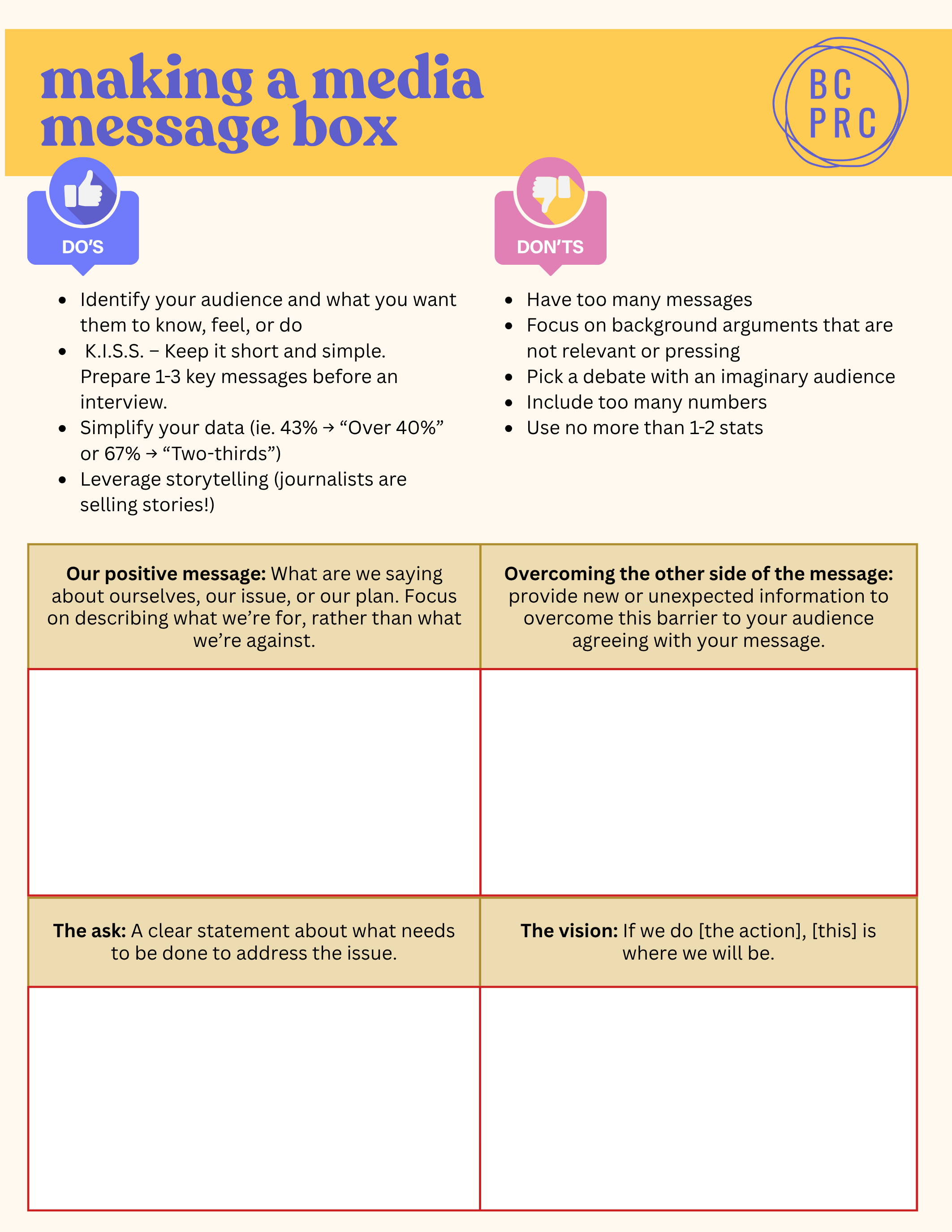 Blank worksheet to make a media message box