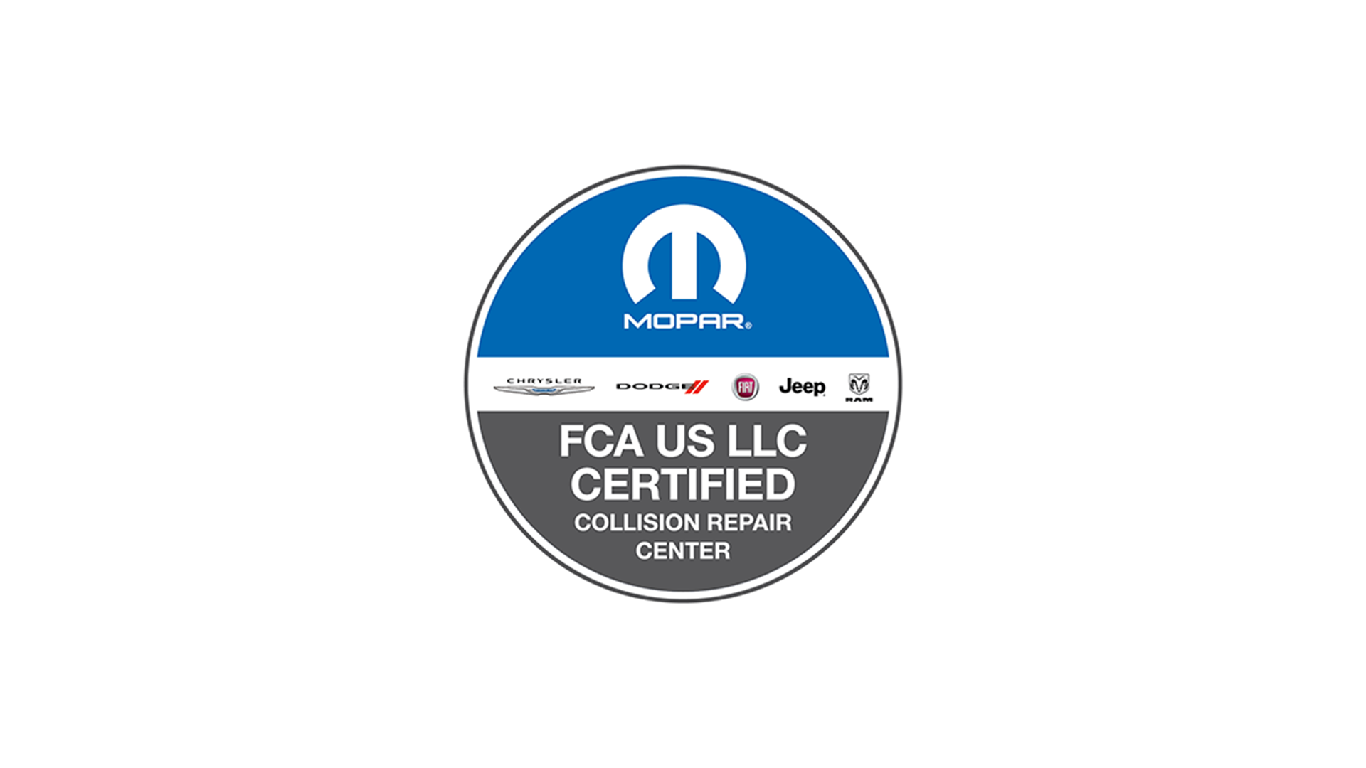FCA US LLC certified collision repair center sticker with Mopar logo and car brand logos including Chrysler, Dodge, Fiat, Jeep, and Ram.