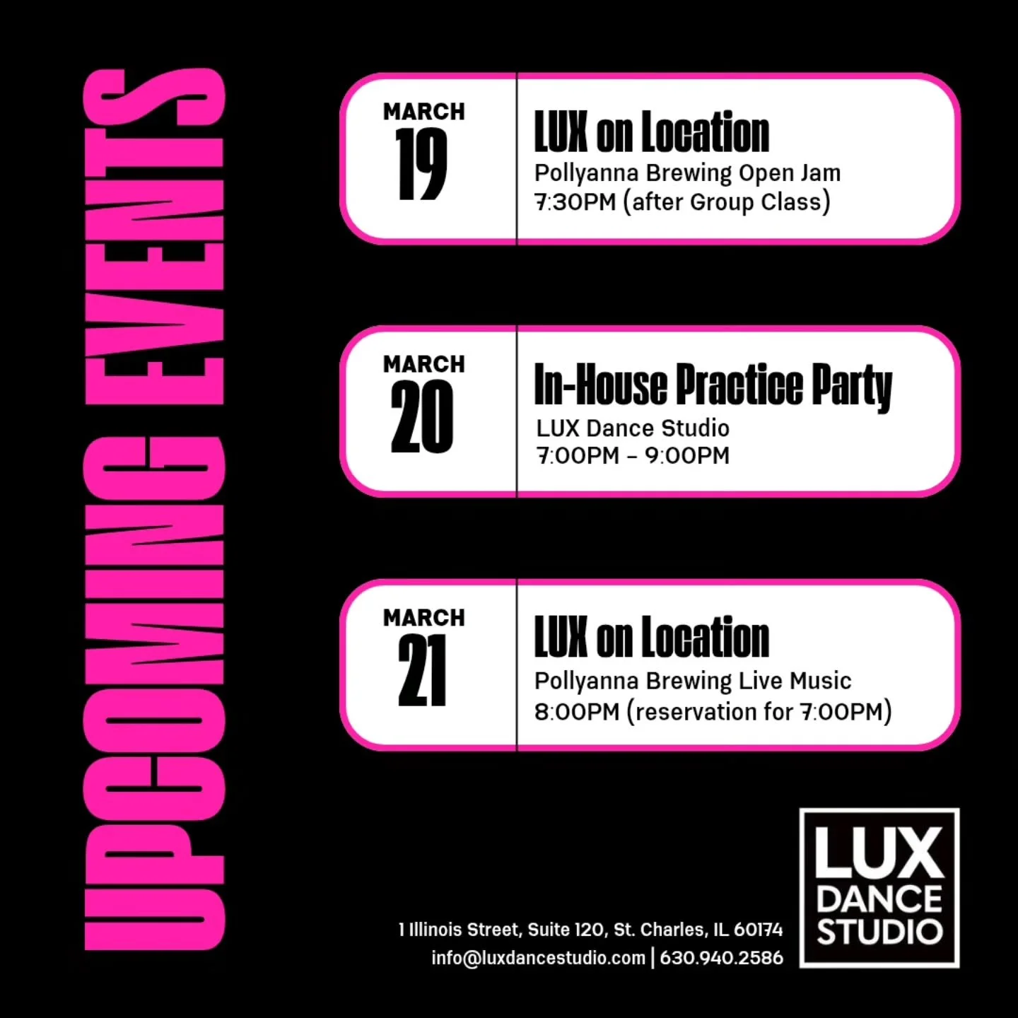Three chances to dance with LUX this week!

#luxonlocation #inhouse #practiceparty #liveevent #socialdancing