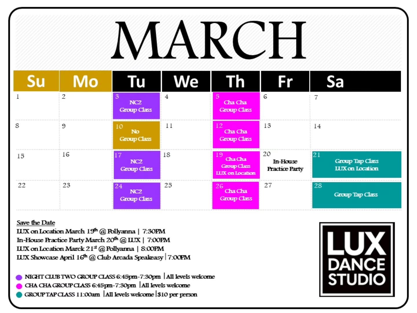 Happy March!!! Save the Dates! LUX on Locations, In-House Practice Party AND our coming 2026 Showcase!

#luxonlocation #liveevent #livemusic #stcharlesdance #showcase