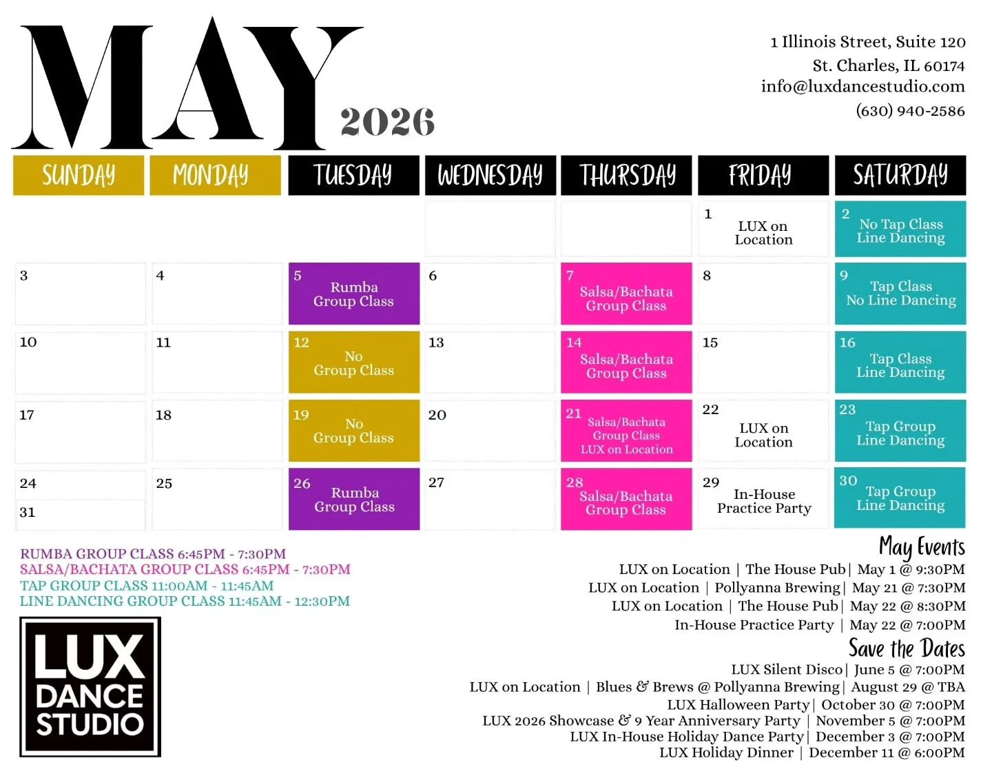 Happy almost May!

New Group class addition! By request, LUX Line Dancing on Saturdays from 11:45am-12:30pm. $10/person cash. Open to the public!

#calendar #events #savethedates #luxdancestudio #stcharlesdance