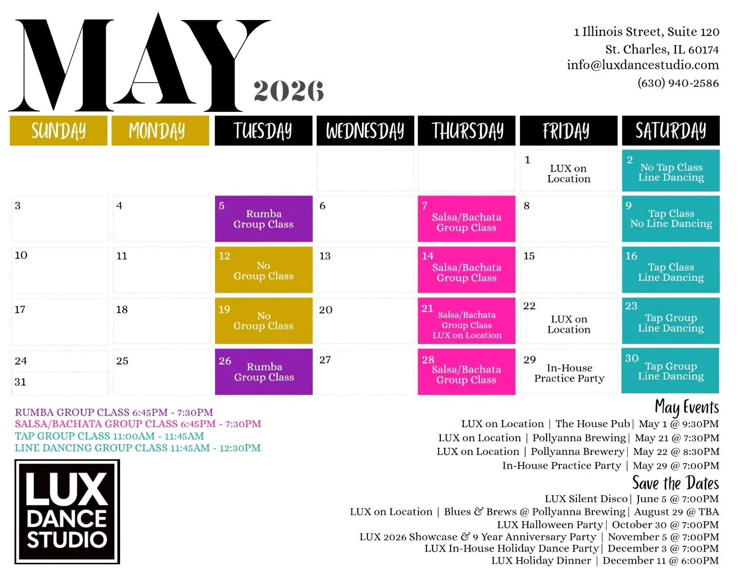 Happy almost May!

New Group class addition! By request, LUX Line Dancing on Saturdays from 11:45am-12:30pm. $10/person cash. Open to the public!

#calendar #events #savethedates #luxdancestudio #stcharlesdance