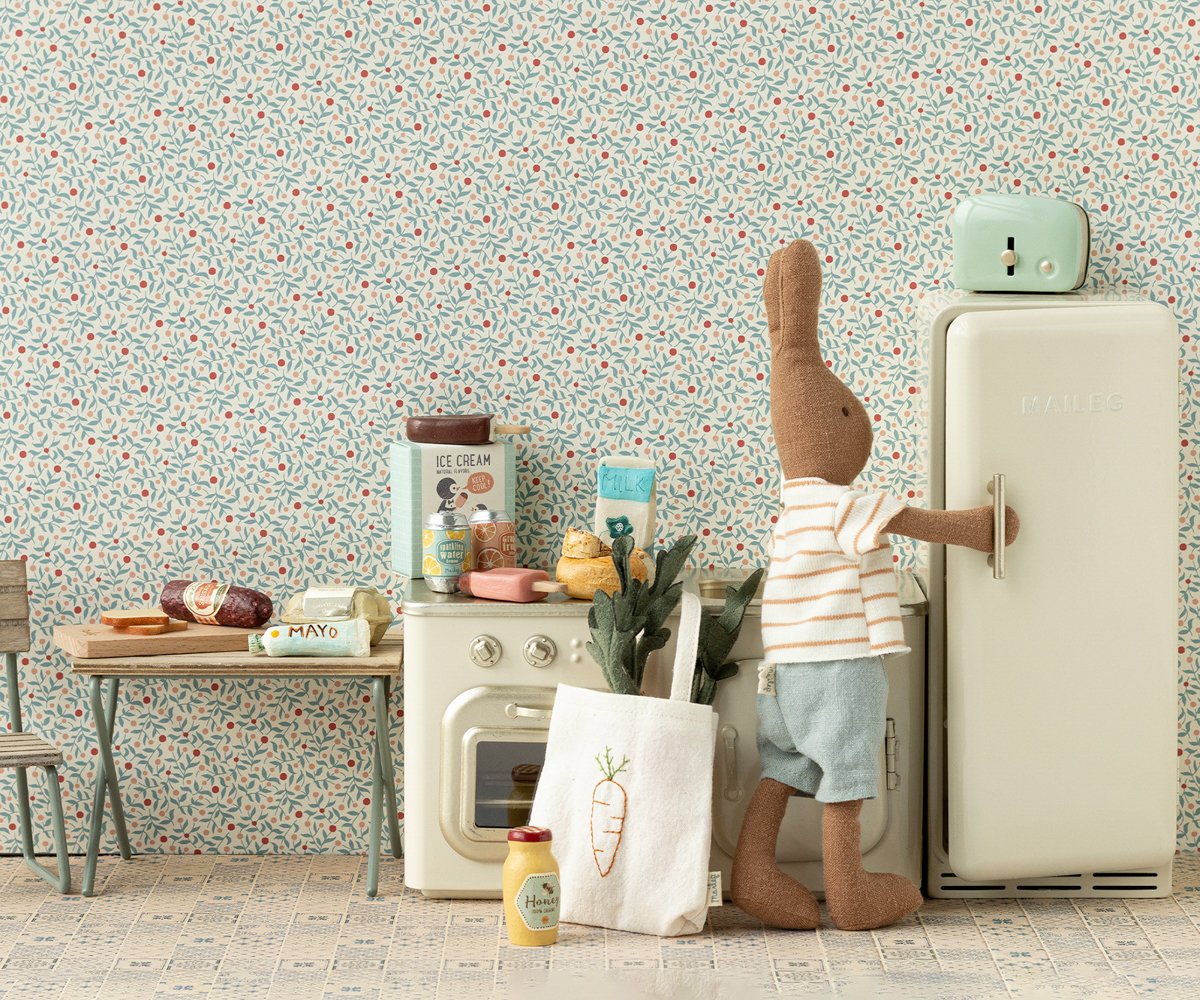 maileg toaster mouse mint with toast and rabbit