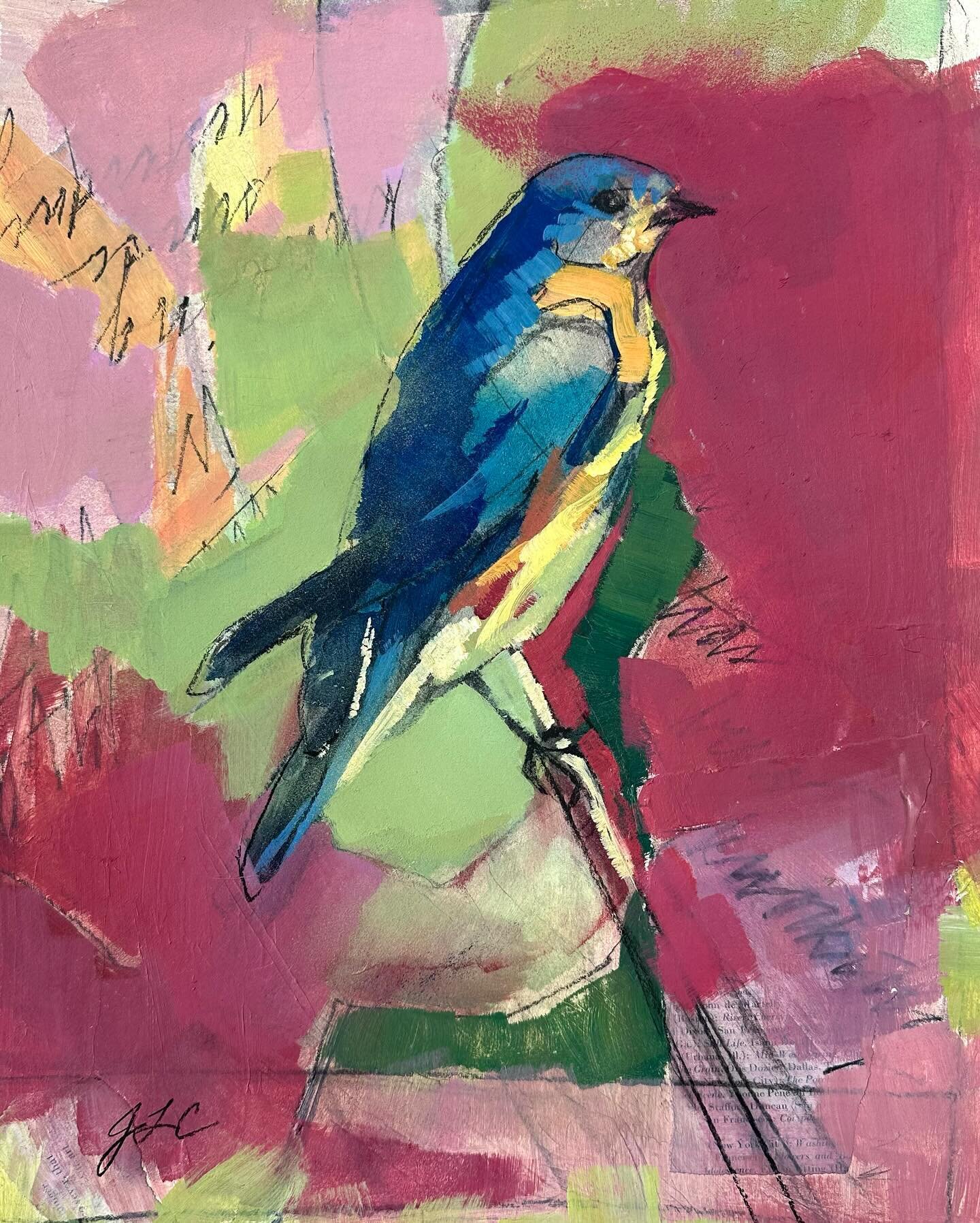 I needed a little mood-brightening, so I painted bluebirds, which can symbolize hope and the promise of brighter days. Each artwork includes little bits of poetry from Pablo Neruda about the future and its possibilities. I wrote the original Spanish 