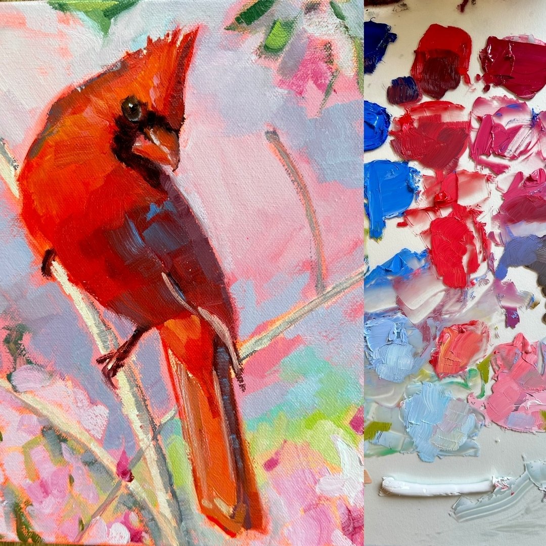 Colorful bird paintings paired with their palettes. When I resist the temptation to overpaint or overmix, the palette itself becomes a work of art. The cardinal and bluebird were sweet little commissions.
#NatureinColor #BirdArt #oilpainting