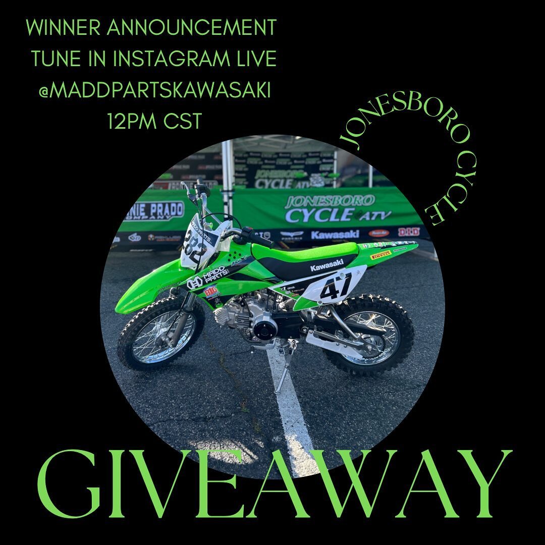 It&rsquo;s giveaway time! 
The guys at @jonesborocycle and @maddparts have teamed up to raffle off this awesome 2023 race replica KLX110! 

Bike includes:
- Race team graphics by @topsecretdesigns 
- Full @procircuit78 exhaust 
- @onegripper seat cov