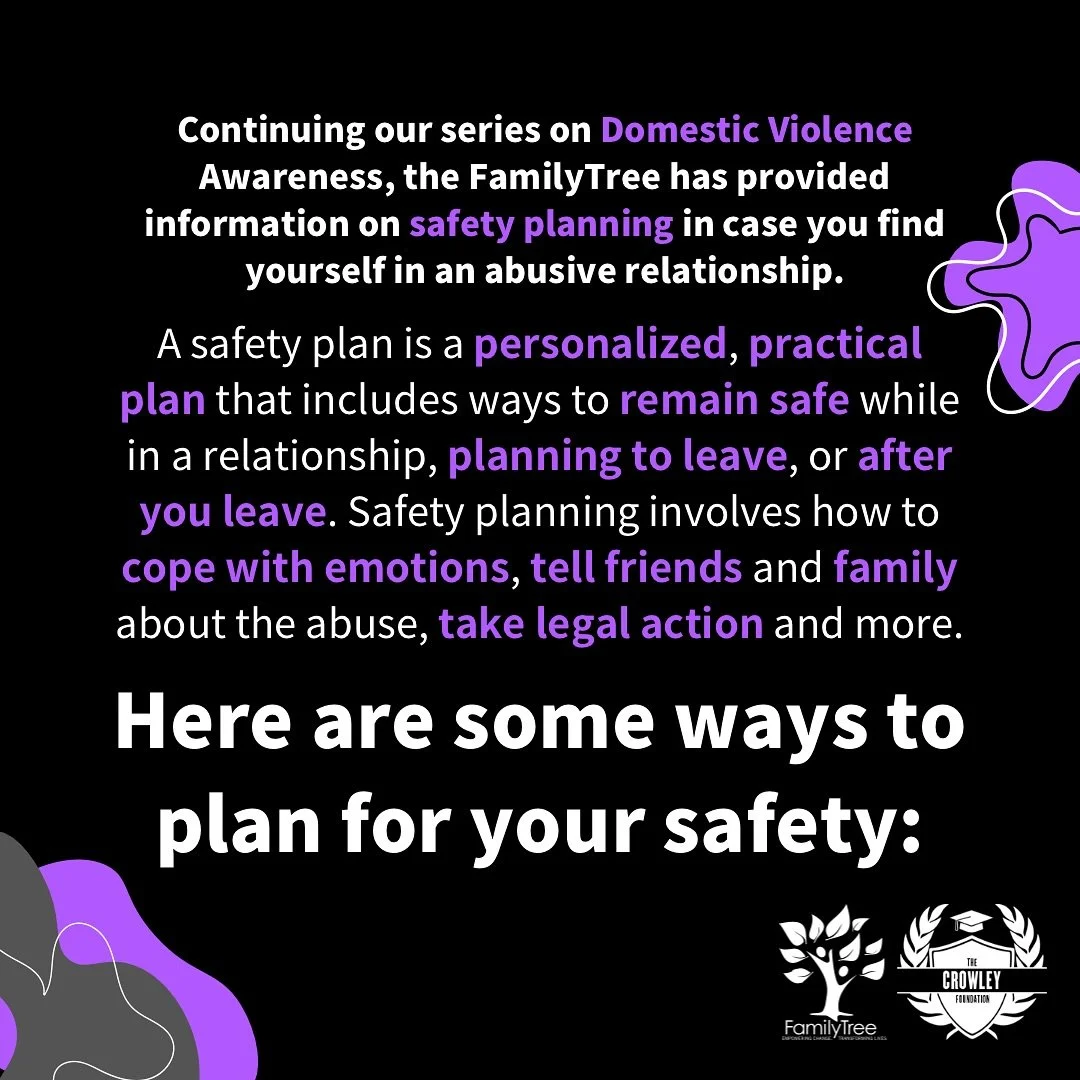 As we continue our series this month on Domestic Violence Awareness here are some ways to plan for your safety if you are in an abusive relationship. 💜
#CrowleyFoundation #DomesticViolenceAwareness #Safety #Nonprofit