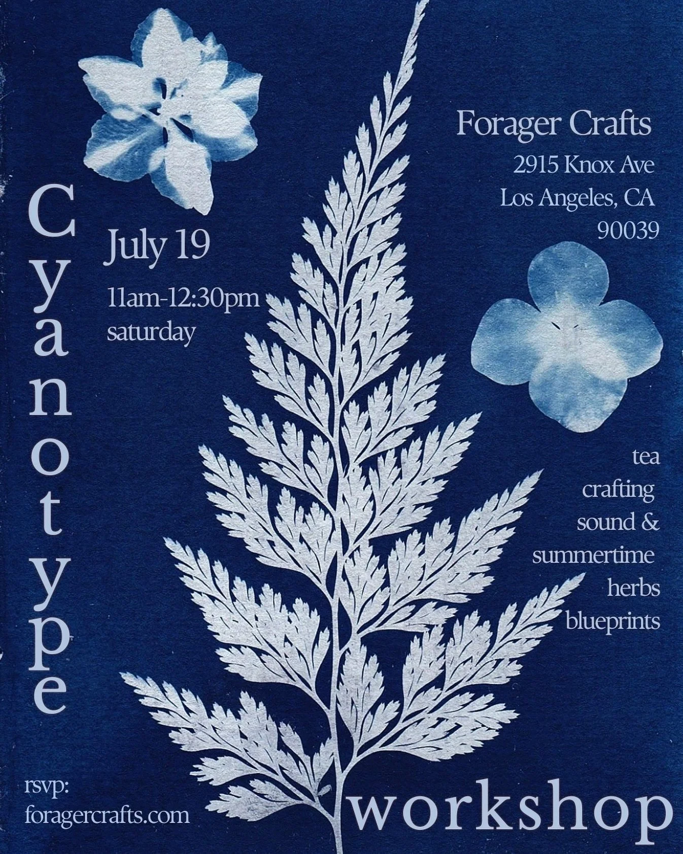 Join me @itsalliebrown at @foragercrafts on Saturday 7/19 from 11am-12:30pm for an immersive Cyanotype + Herbal Tea Blending Workshop 🌀under the morning sun. Allie will provide locally foraged plants from Tongva land to cyanotype + lead us in a medi