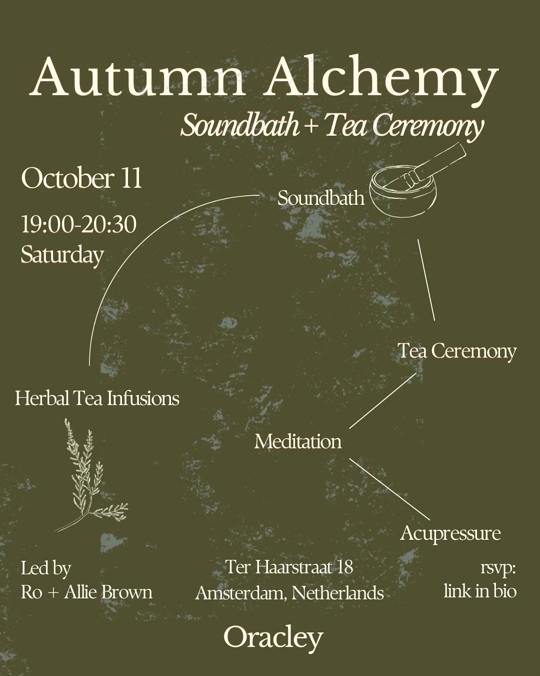 Join @itsalliebrown and Ro of @restore_studios for &ldquo;Autumn Alchemy&rdquo; @oracleyspace on Saturday October 11 from 19:00-20:30 for a cosmic evening of Sound &amp; Tea 🫖 ✨

Offerings: 
-Tea Ceremony 
-Guided Meditation 
-Acupressure with Essen