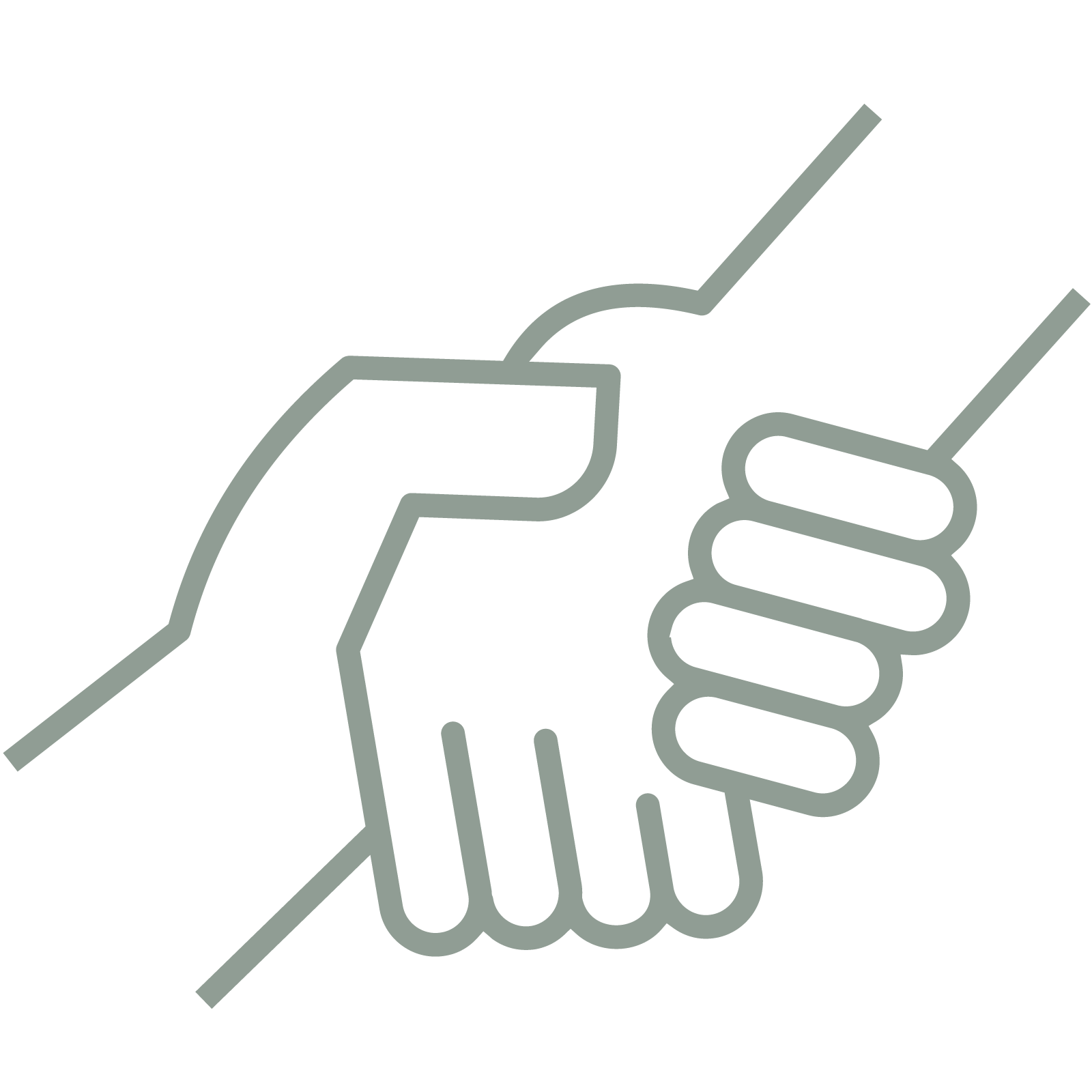 Simple line drawing of two hands clasped in a handshake.