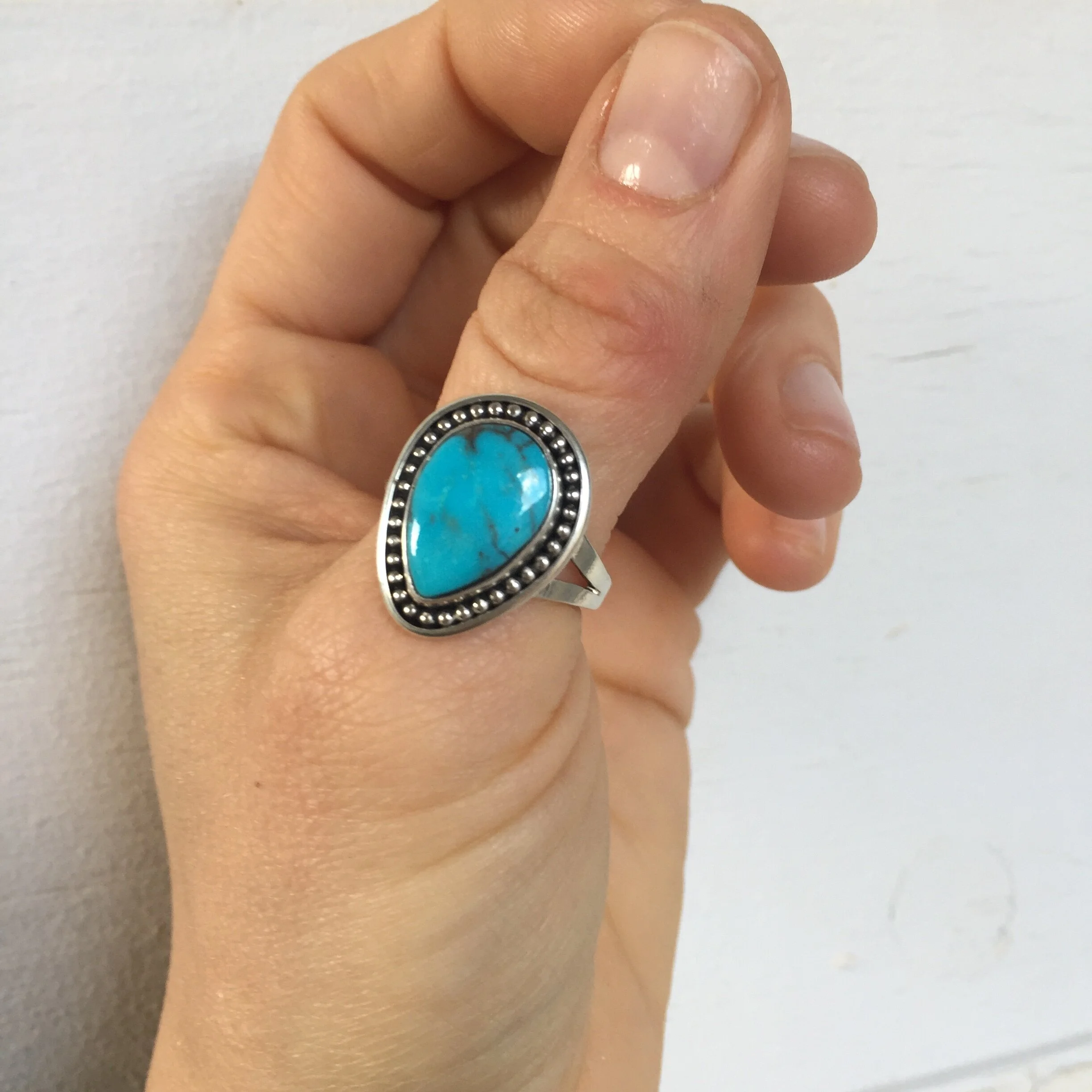 Natural Bisbee Blue Turquoise Teardrop Statement Ring in .925 Sterling Silver