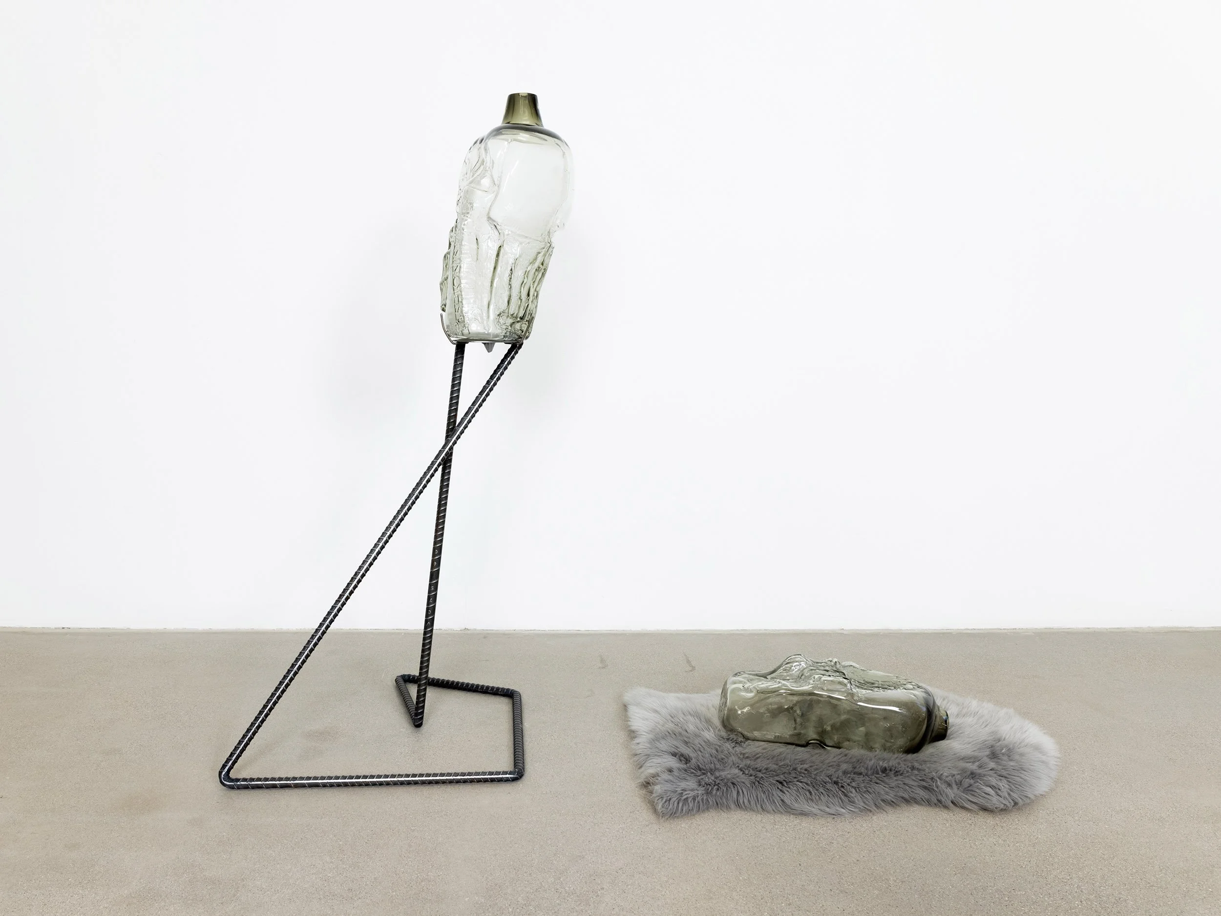   Las Fashionistas, 1.Body 4 Lyfe 2.Fall Flat On Your Face , 2021, mold-blown glass, rebar and faux fur rug, 58 x 72 x 30   