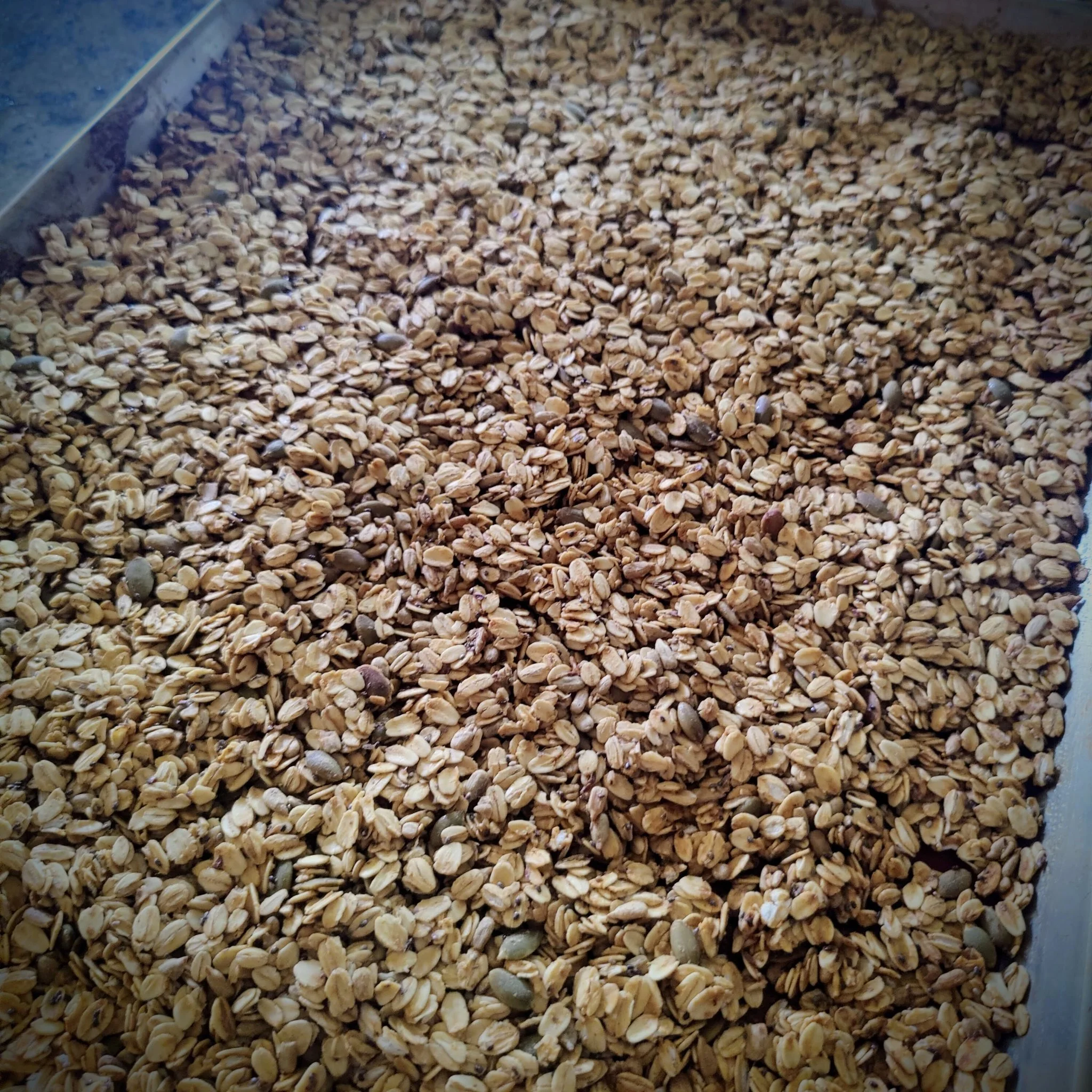 Seedy Sourdough Granola. Did you know we offer custom granola with an extensive list of options? This granola variety is one of our stocked staples, featuring pepitas (green pumpkin seeds), sunflower seeds, chia, and flax for a morning, afternoon, or