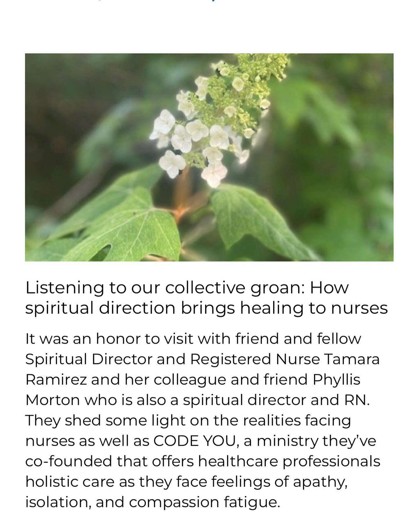 I recently visited with fellow spiritual directors who are also registered nurses.

:
:

They created Code You, a curriculum and toolkit designed to aid frontline healthcare workers with burnout and compassionate fatigue.

{are you a nurse, chaplain,