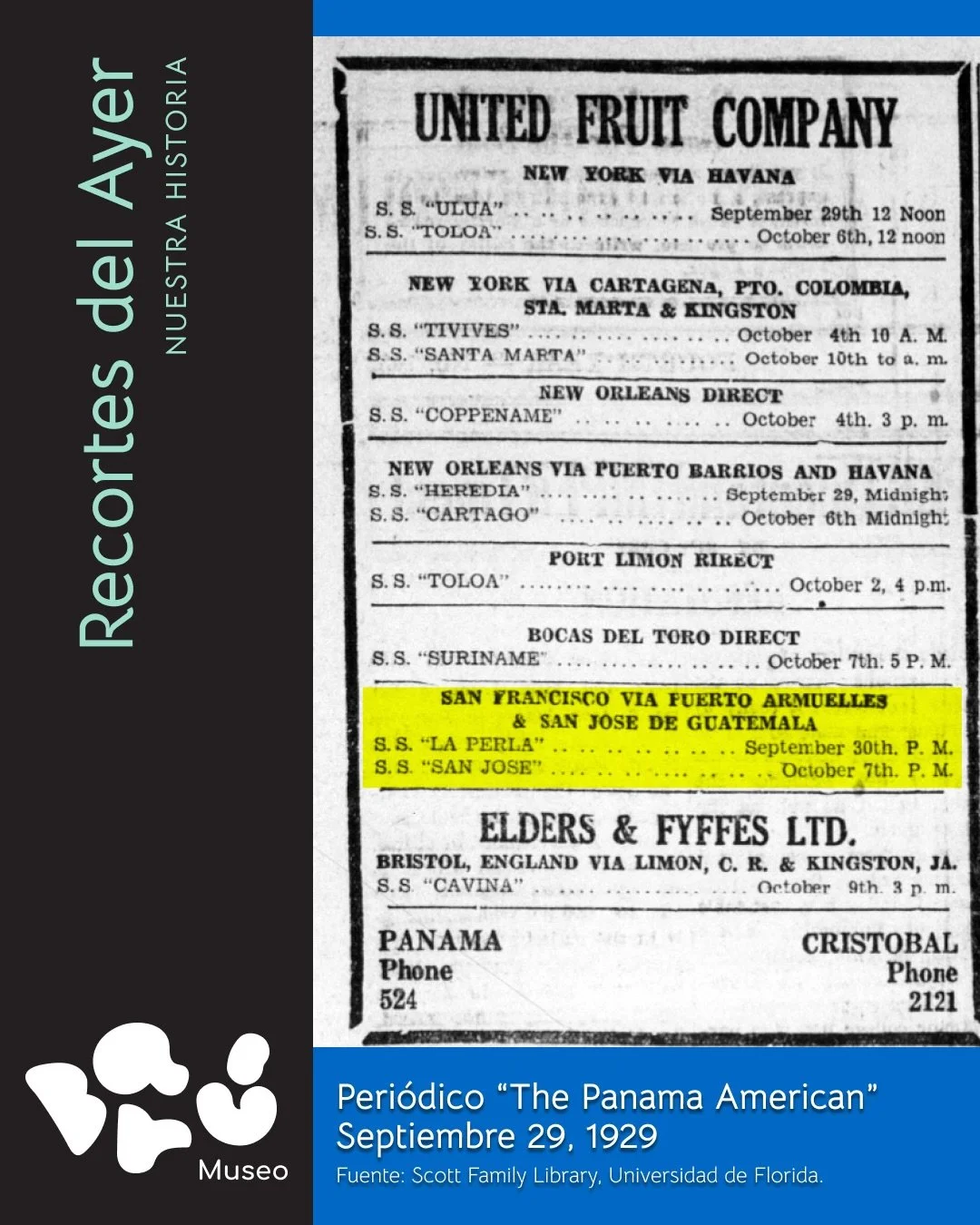 Sab&iacute;as que, cuando la United Fruit Company operaba en el Bar&uacute;, pod&iacute;as viajar directamente a otros pa&iacute;ses del mundo abordando barcos desde los muelles que existieron en Puerto Armuelles?

En este hist&oacute;rico anuncio 📰