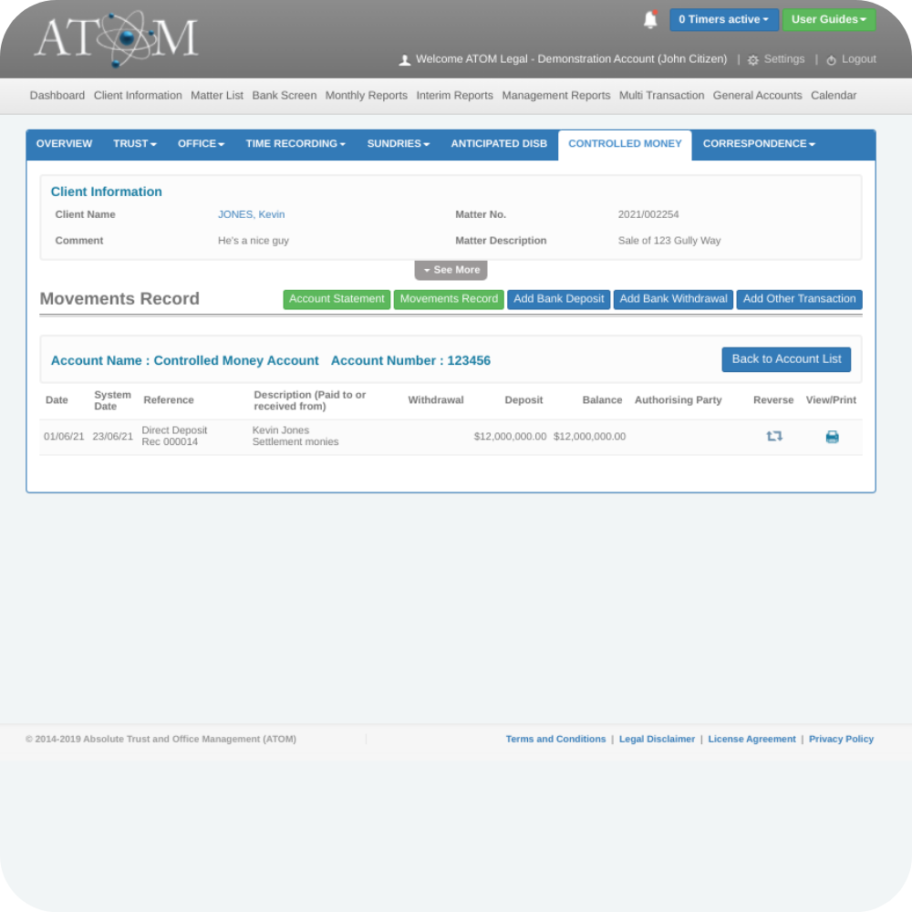 Trust accounting and controlled money — ATOM