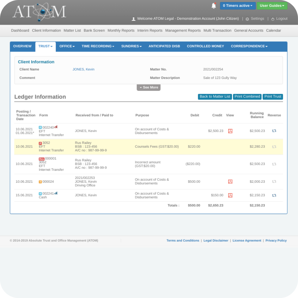 Trust accounting and controlled money — ATOM