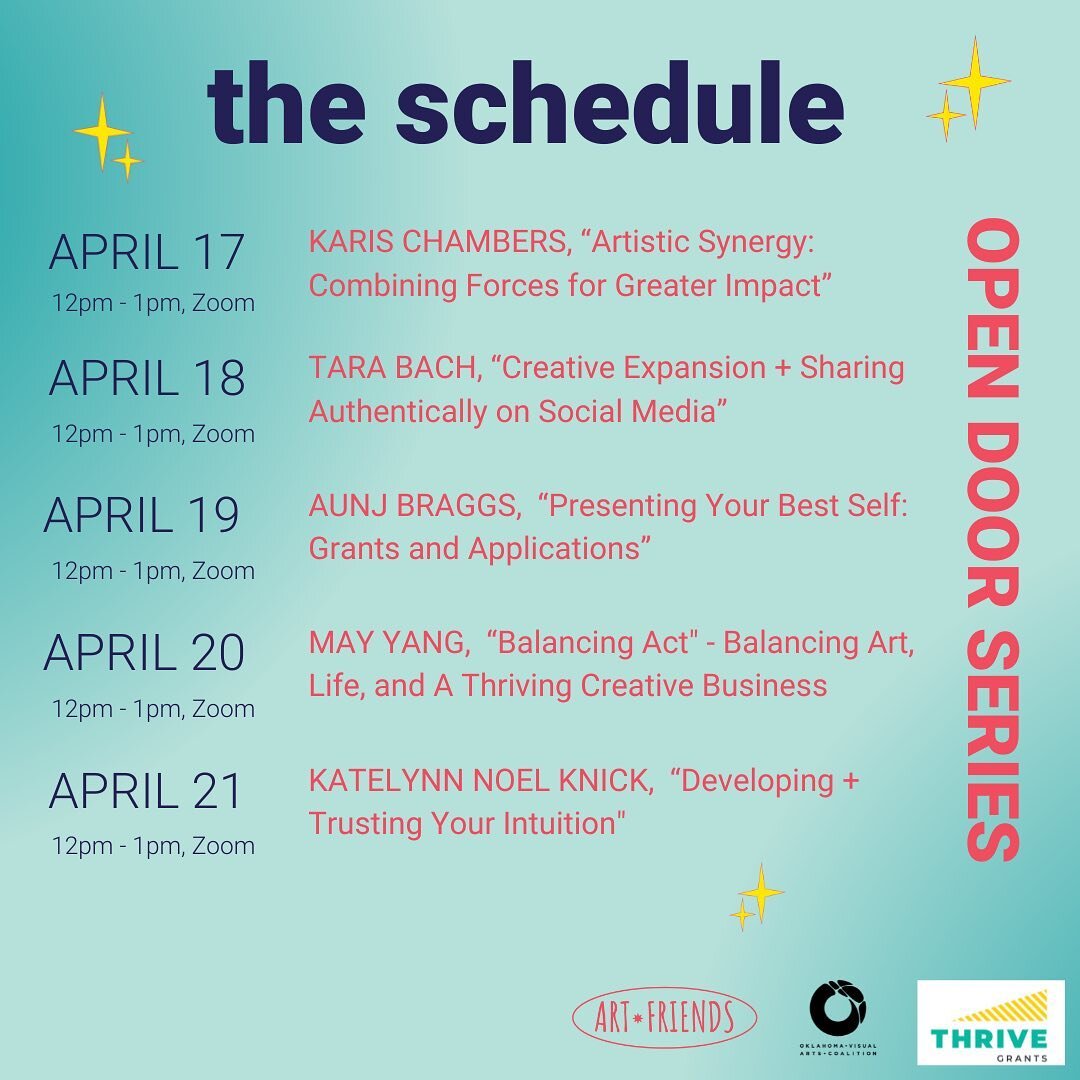 The Open Door Series is launching next week! 🔥

Here is the official line up of events including daily virtual speaker sessions with guests @karistheartist, @bach.tara, @artxaunj, @electrofervor, and AF founder @katelynnnknick! 
They will be sharing