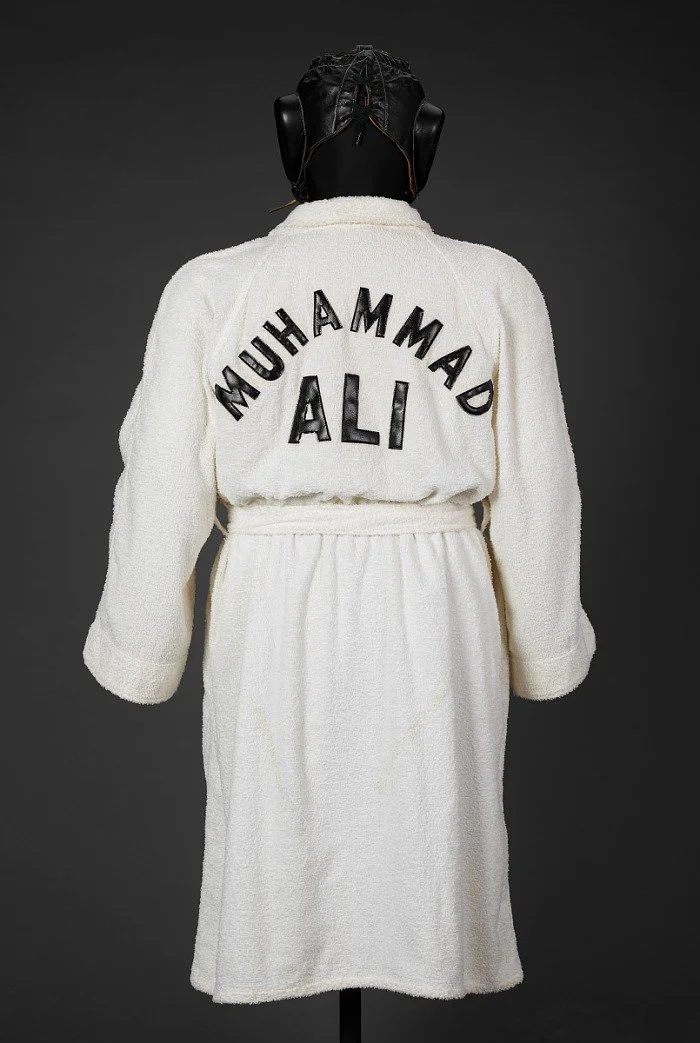 White terrycloth robe worn by Muhammad Ali during training at Deer Lake