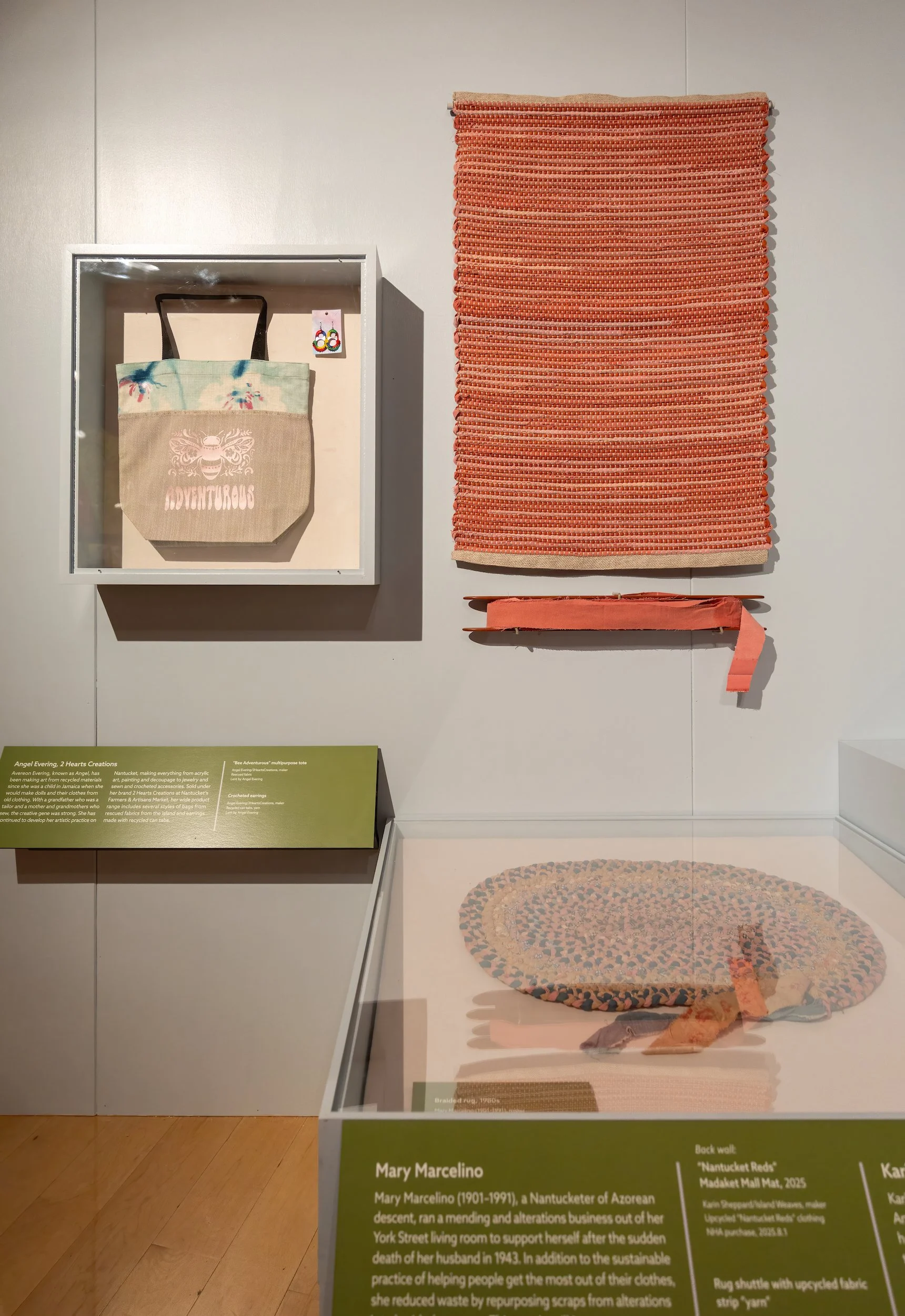 Upcycled and sustainable textiles by contemporary Nantucket makers: Angel Evering/2 Hearts Creations; Karin Sheppard/Island Weaves