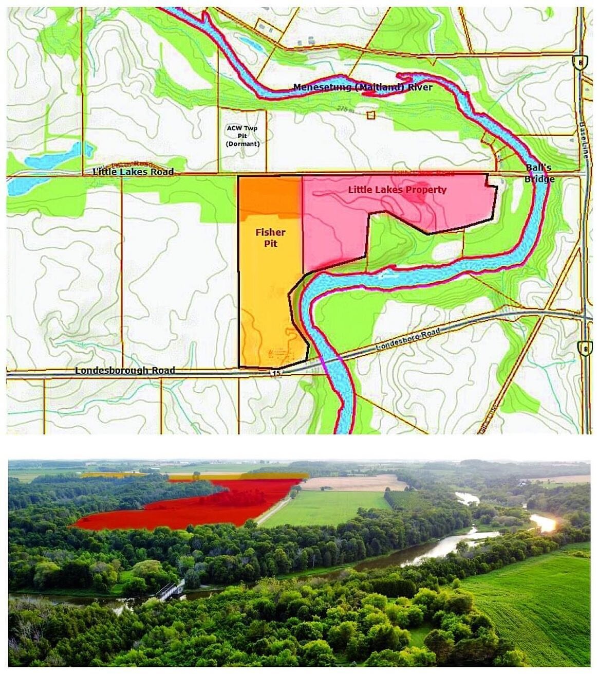 To give you a different perspective on the scale of this pit the aerial photo below is colour coded the same as the map.  You can see Historic Ball's Bridge in the front. #huroncounty #goderich #stopthepit #acw #environment #menesetungriver #clinton 