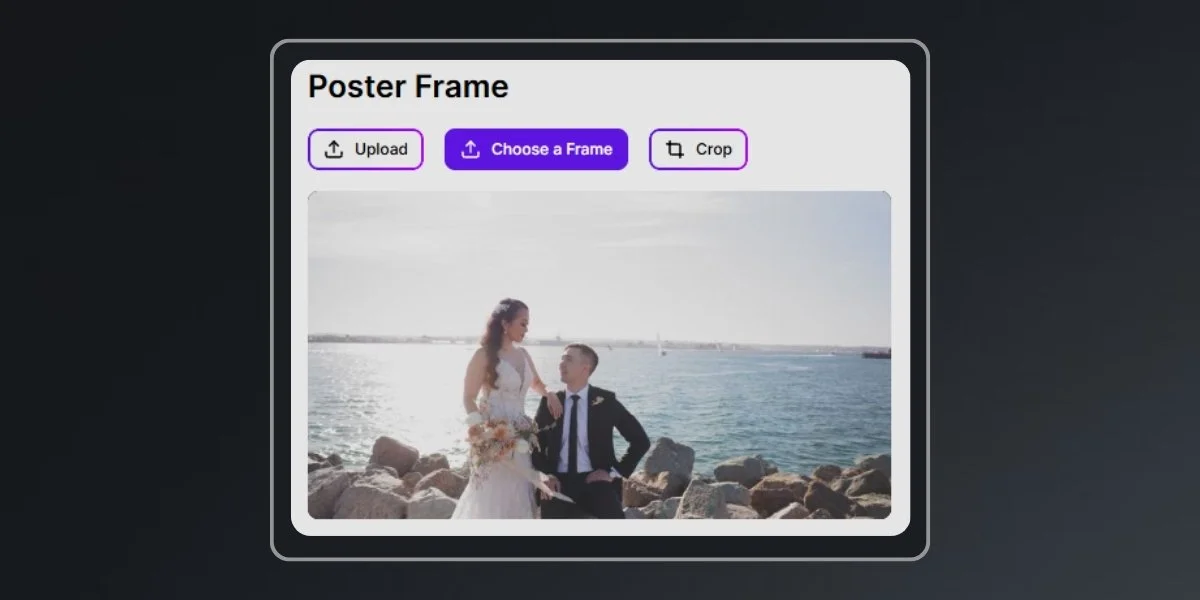 MediaZilla's Poster Frame editor showing options to upload, choose, or crop a video thumbnail, with a wedding video preview featuring a couple by the waterfront.