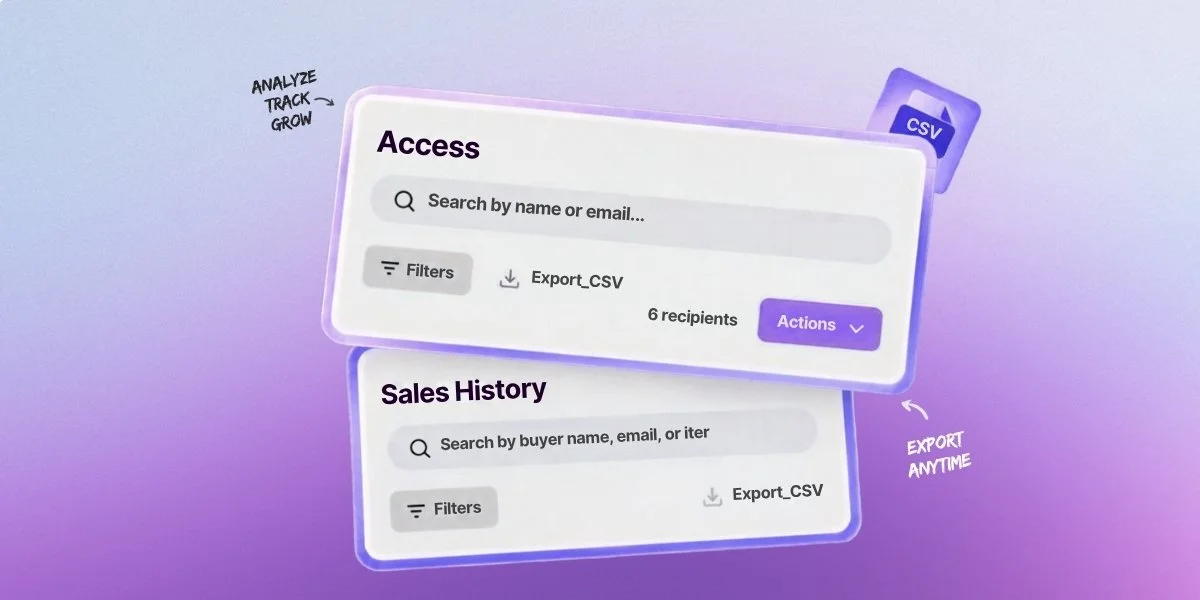MediaZilla's Access and Sales History dashboards featuring CSV export options to download recipient access records and sales data for easier tracking, reporting, and business analysis.