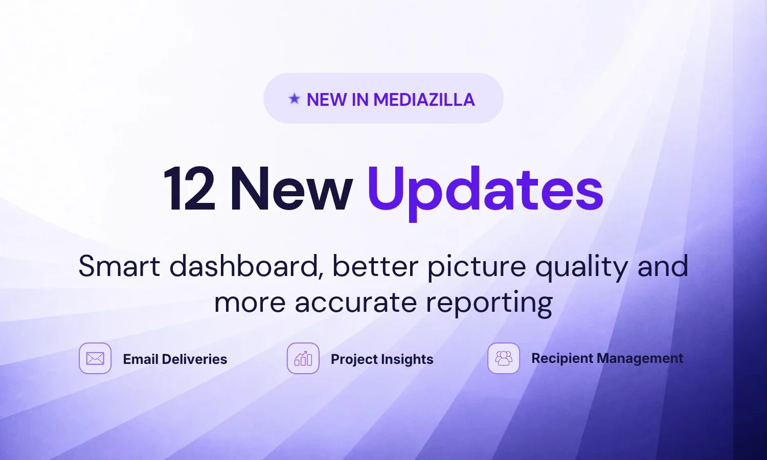 MediaZilla announces 12 new updates featuring a smarter dashboard, improved picture quality, more accurate reporting, Email Deliveries, Project Insights, and Recipient Management.