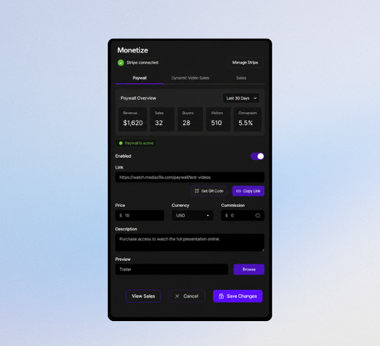 The Monetize panel showing revenue, sales, and buyer conversion, with buyer details and payment status for each purchase
