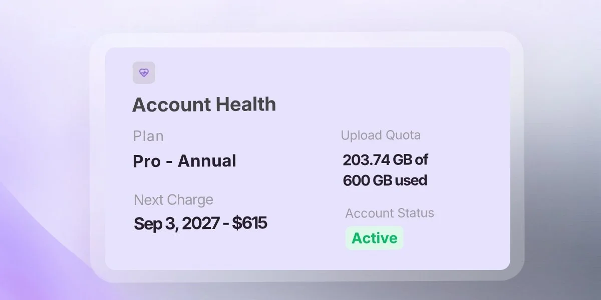 MediaZilla's Account Health dashboard showing an active Pro Annual plan, 203.74 GB of 600 GB upload storage used, and the next billing date of September 3, 2027, for $615.