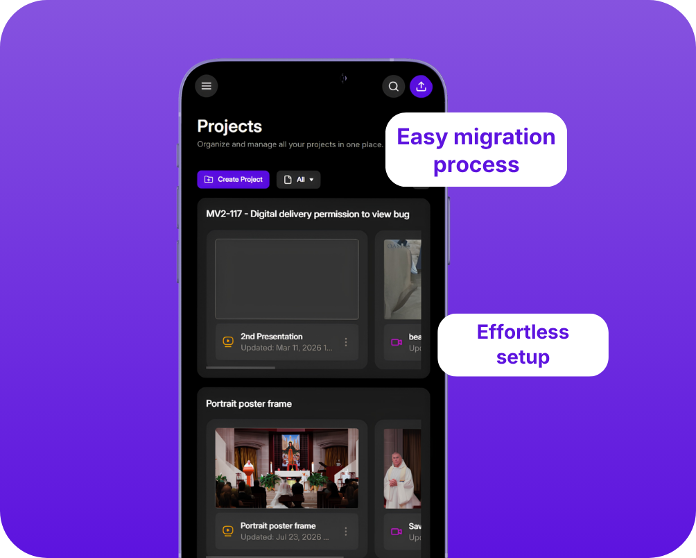 MediaZilla mobile interface showing video project management with easy migration process and effortless setup features for organizing client video projects