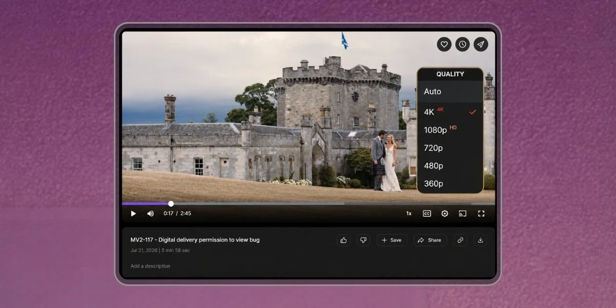 MediaZilla's video player showing a wedding video with 4K HDR playback selected and adjustable streaming quality options, including 1080p, 720p, 480p, and 360p.
